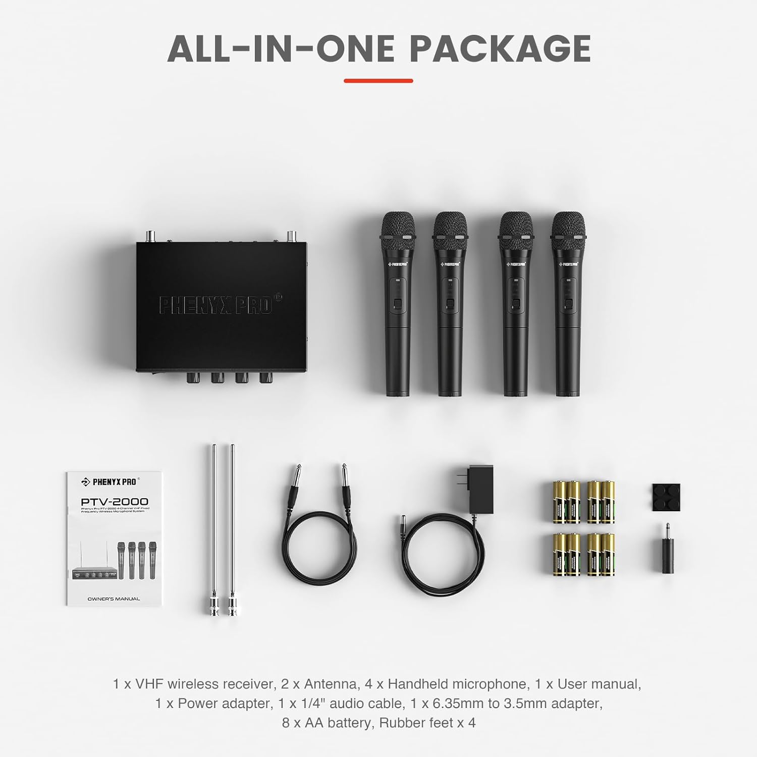 Phenyx Pro Wireless Microphone System, 4 Channel VHF Wireless Mics, w/ 4 Handheld Dynamic Microphones, Metal Receiver, Long Range, Mic for Singing, Karaoke, Church (PTV-2000-4H)