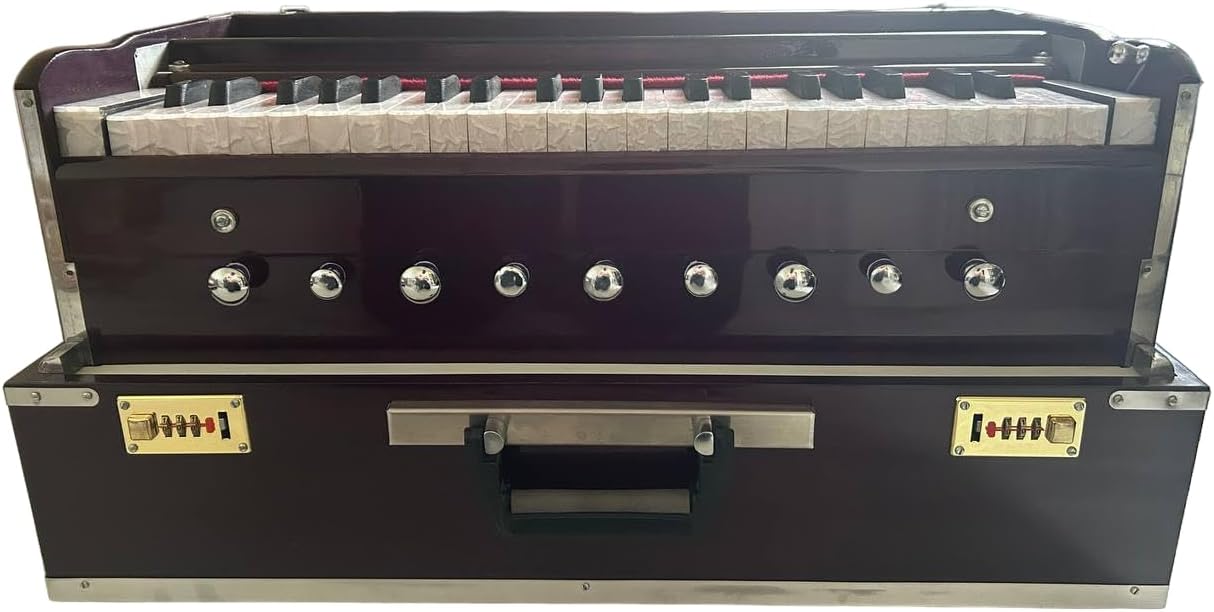 Folding Harmonium Instrument, 9 Stopper, Rosewood Color, 3 1/2 Octave, Coupler, Indian Musical Instrument