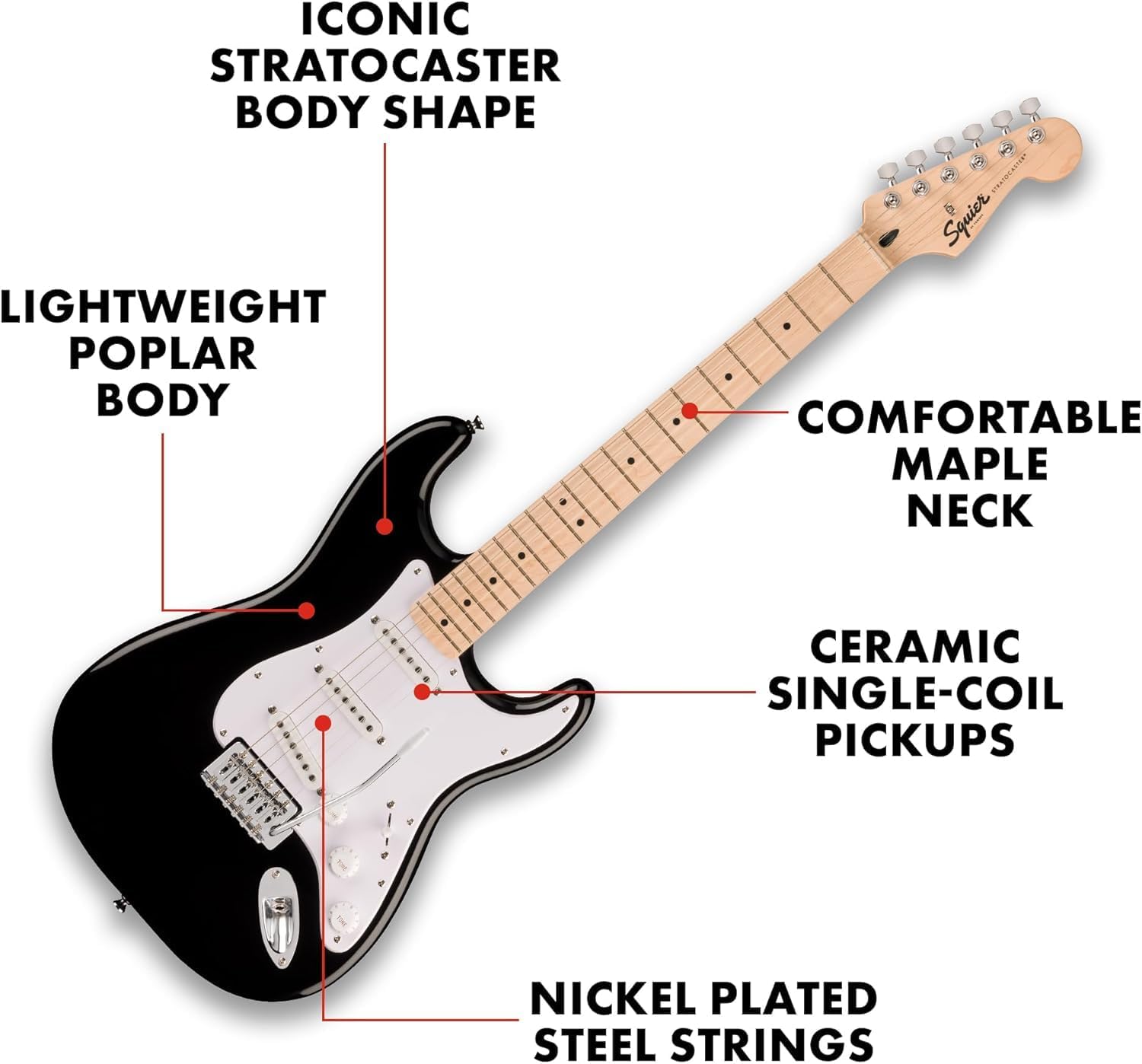 Squier Sonic Stratocaster Electric Guitar Pack, Black, Maple Fingerboard, with Gig Bag, 10G Amp, and Accessories