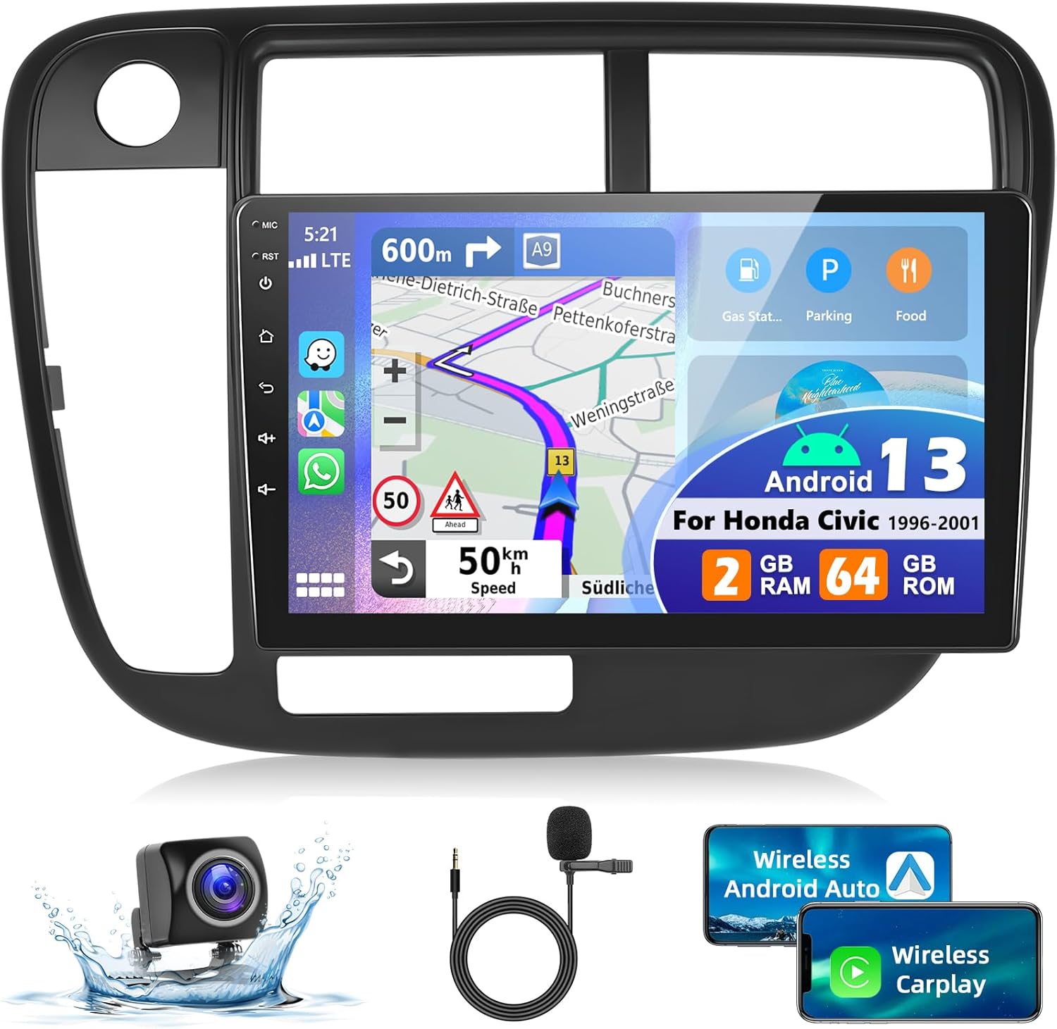 podofo 2G+64G Car Stereo for Honda Civic 1996-2001 with Wireless Apple Carplay & Android Auto, 9 Inch Touchscreen Car Radio with Bluetooth/GPS/WiFi/SWC/FM&RDS Radio + AHD Backup Camera + MIC