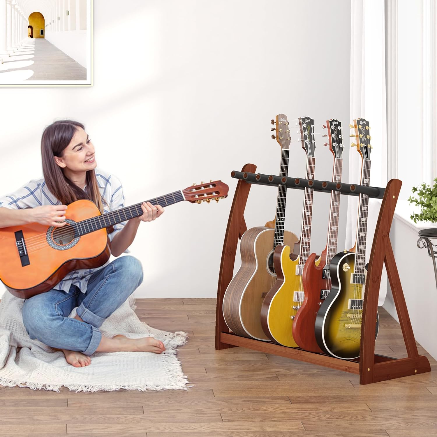 Adjustable Multi Guitar Stand Rack - Bamboo Guitar Case Stands Floor 1-9 Guitar Holder for Multiple Guitars Acoustic Electric Guitar & Bass Guitar Bag Padded Guitar Display for Band Home Stage Studio