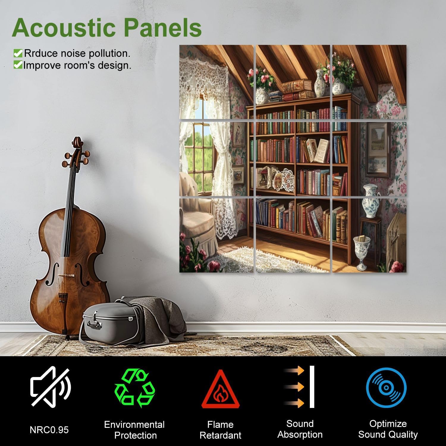 Art Acoustic Panels Self Adhesive Liry Bookshelf Charming Cottage Antique Vases Doilies 9 Packs Decorative Soundproof Wall Panels Large Sound Absorbing Panels for Home Office 60
