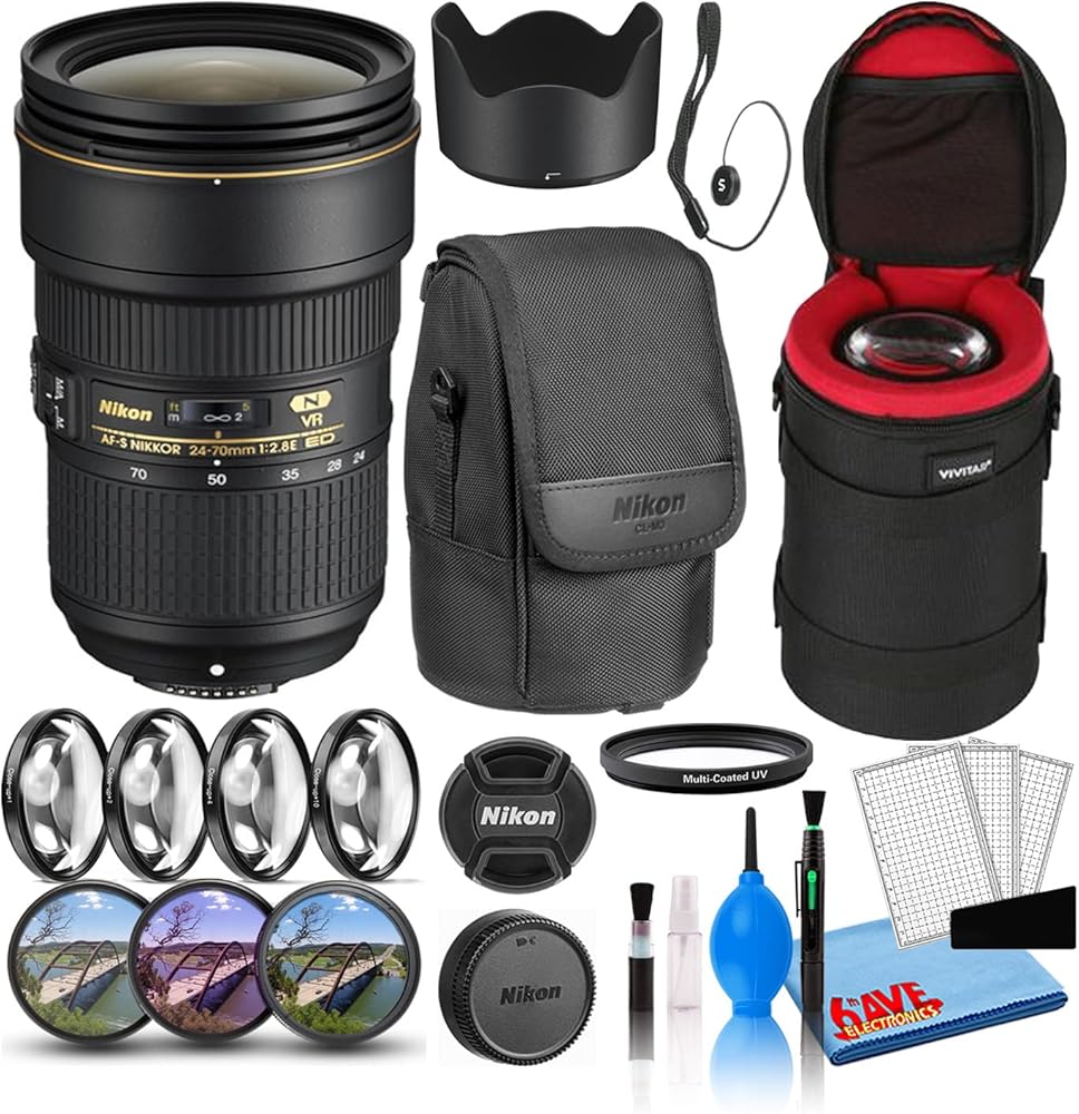 Nikon AF-S NIKKOR 24-70mm f/2.8E ED VR Zoom Lens (20052) with Padded Lens Case + Macro Filter Kit + UV, CPL, FL Lens Filters + Lens Cap Keeper + Cleaning Kit + More (Renewed)