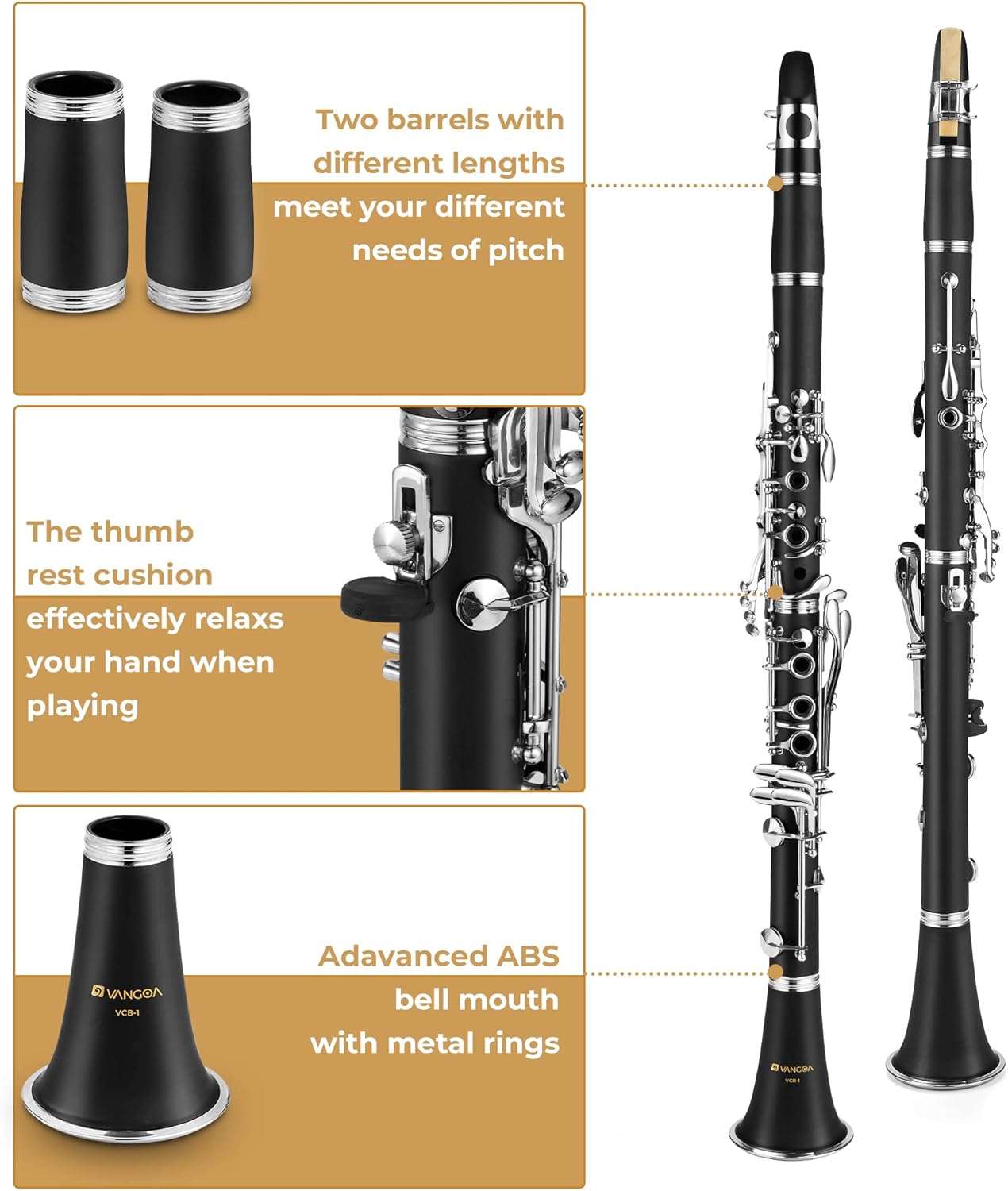 Vangoa Bb Clarinet, B Flat Beginner Student Clarinet Bb Nickel-Plated for School Band Orchestra adult kid with Hard Case, Stand, Cleaning Kit, Barrels, Gloves, Strap, Pads, Reeds