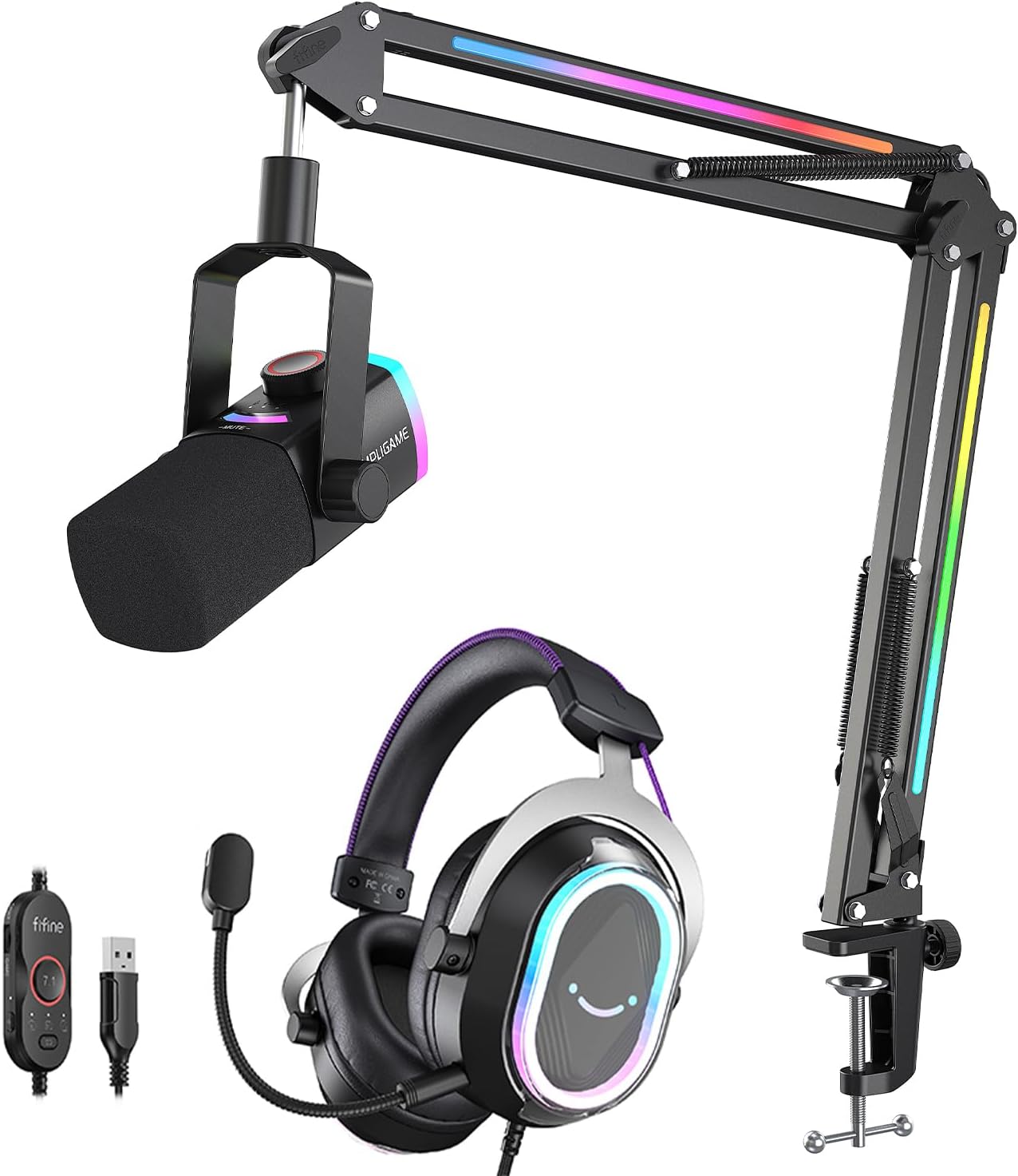 FIFINE Gamimng Microphone and Wired Headset Kit,PC XLR/USB Mic Set with Boom Arm + 7.1 Surround Sound Headphone with NC Mic, RGB, Tap-to-Mute for Streaming/PS5/PS4 (AM8PROT+H13BP)