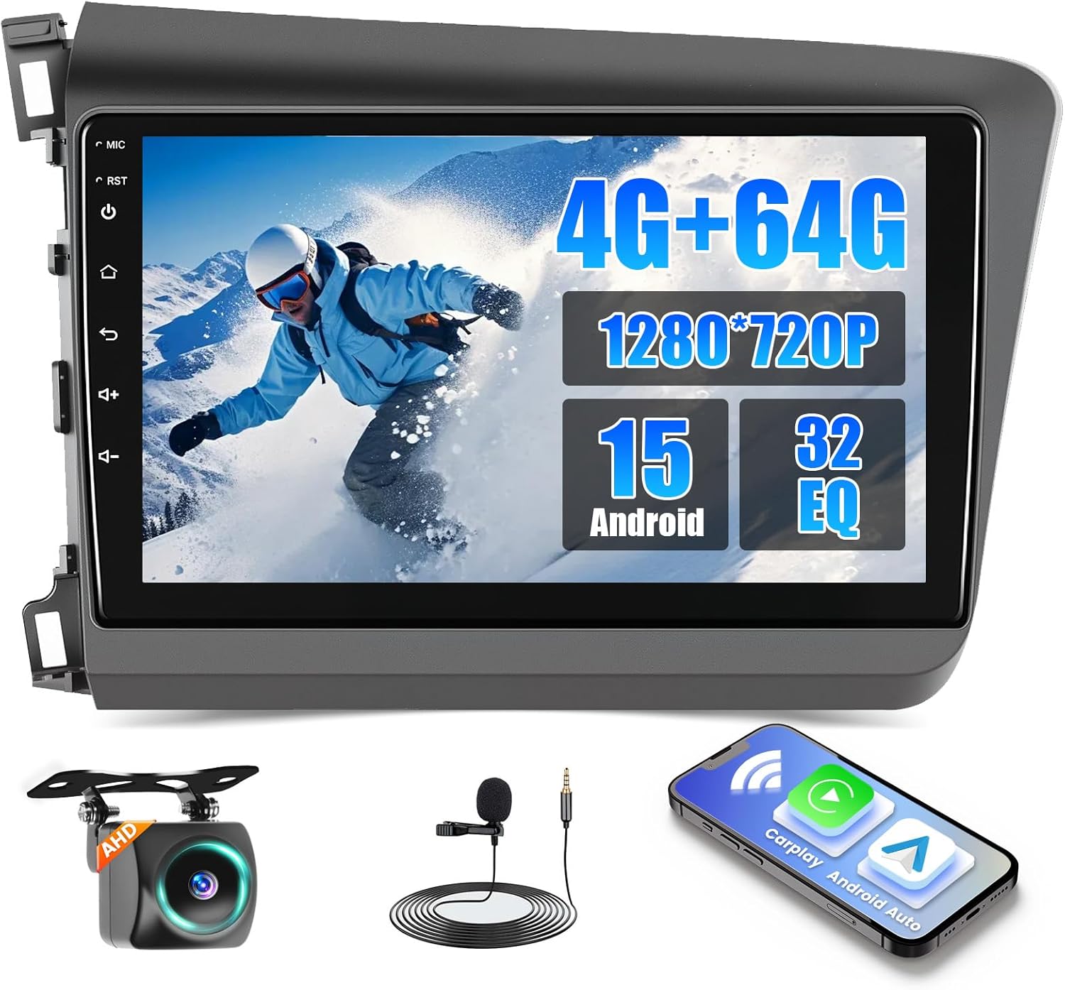 4+64G Realdio Android 15 Car Radio for Honda Civic 2012-2015 with Wireless CarPlay/Android Auto, 9 Inch Touch Screen Car Stereo for Civic, Bluetooth 5.0, FM/RDS, 32EQ, GPS, WiFi, UI, Backup Camera