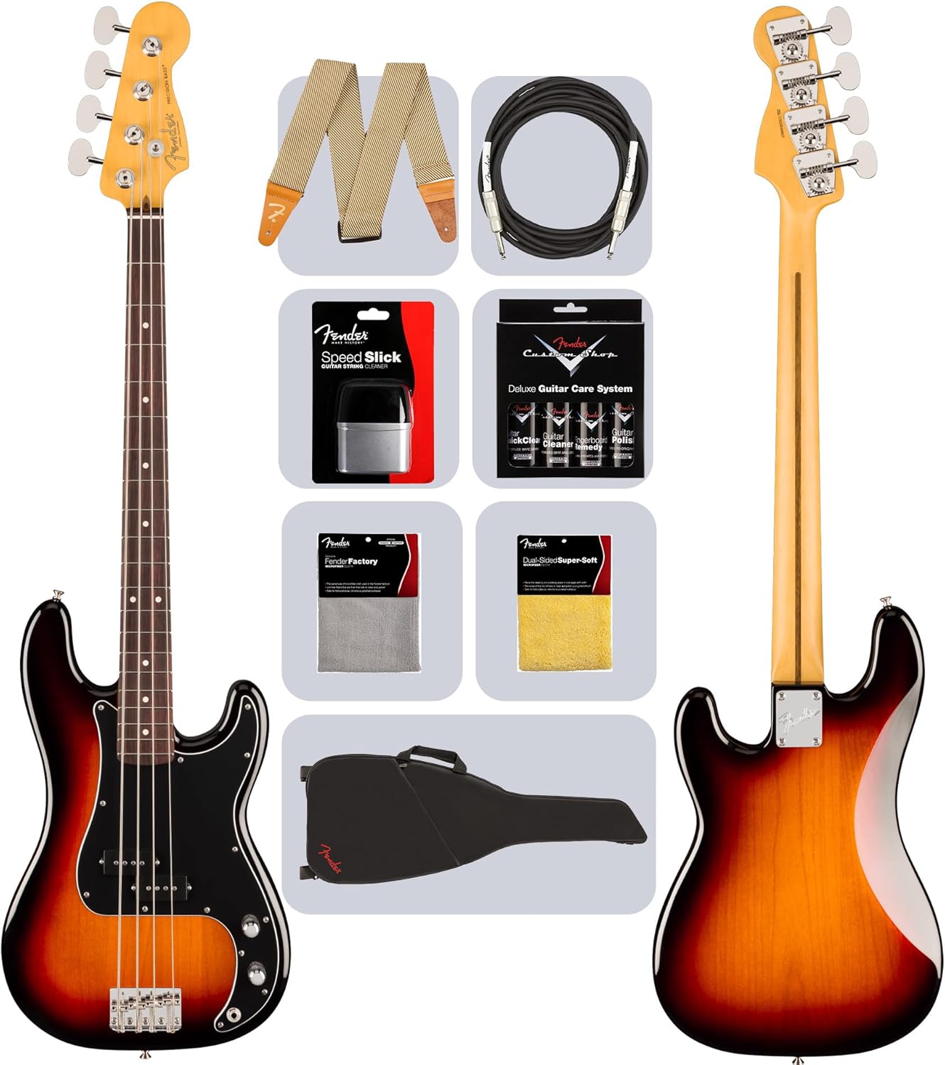 Fender American Professional Classic Precision Bass - 3-Color Sunburst Bundle with Gig Bag, Strap, Cable, and Guitar Cleaning Kit
