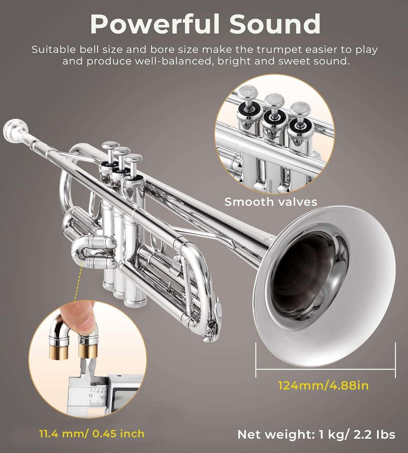 Vangoa Trumpet Bb Standard Student for School Band Brass Orchestra Adult Kid Beginner with Stand, Hard Case, Cleaning Kit, Gloves and 7C Mouthpiece, Silver