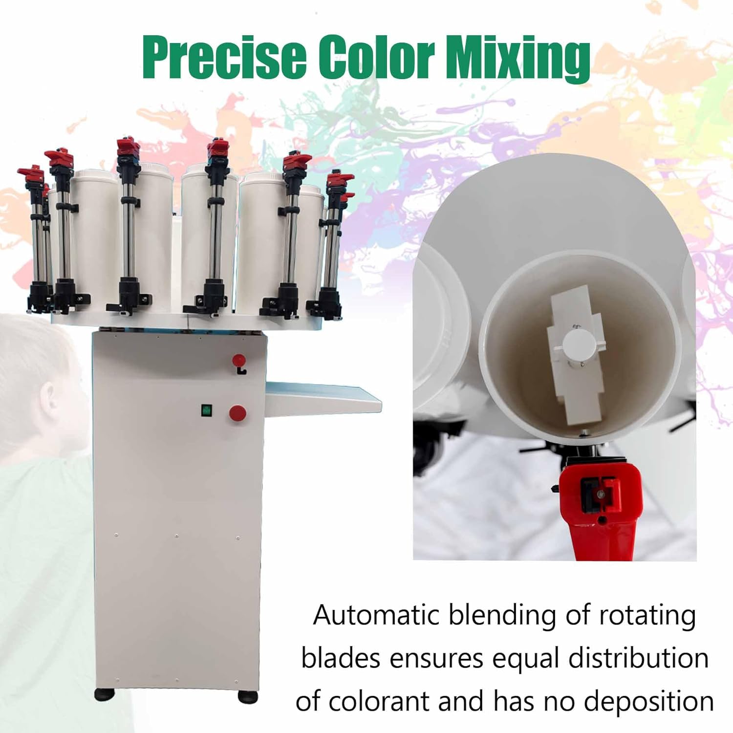 TECHTONGDA Paint Colorant Dispenser, 14 Canister Base Paint Tinting Machine, Double Pump, Double Gauge Lock, 2.3L Drum Capacity, Electric Stirring Color Mixing Machine for Water or Oil Colorant