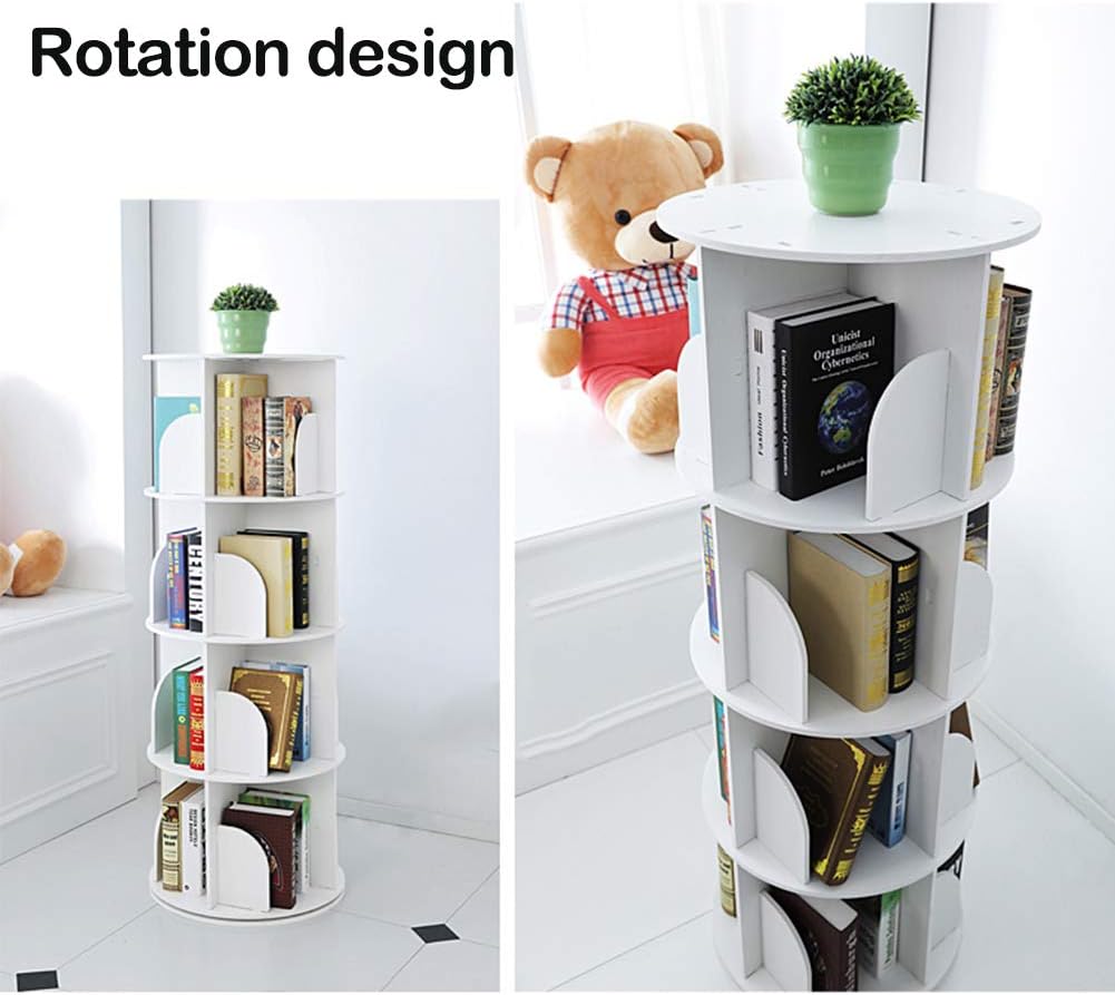 360° Rotating Bookshelf,Modern Floor-Standing Bookcases for Small Spaces, Multifunctional Display Organizer Assemble Easily(White) (46x46x65cm(18x18x26inch))