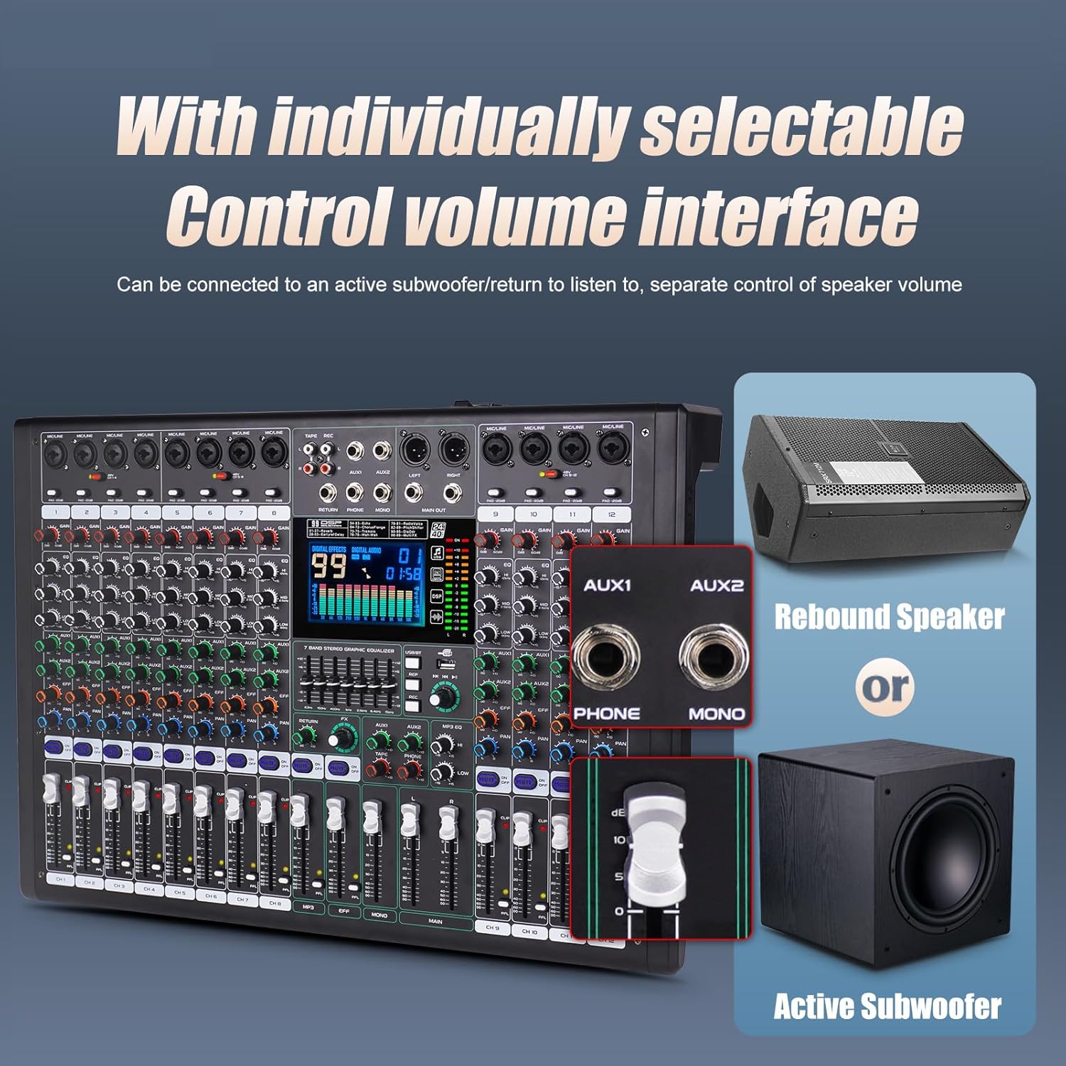 GF12 Multifunction 12 Channel Audio Mixer Stage Performance Mixer Isolated Independent Mute Built-in 7 Level Equalizer and 99 Reverb DJ Mixer for Stage Performance/Karaoke/DJ Music