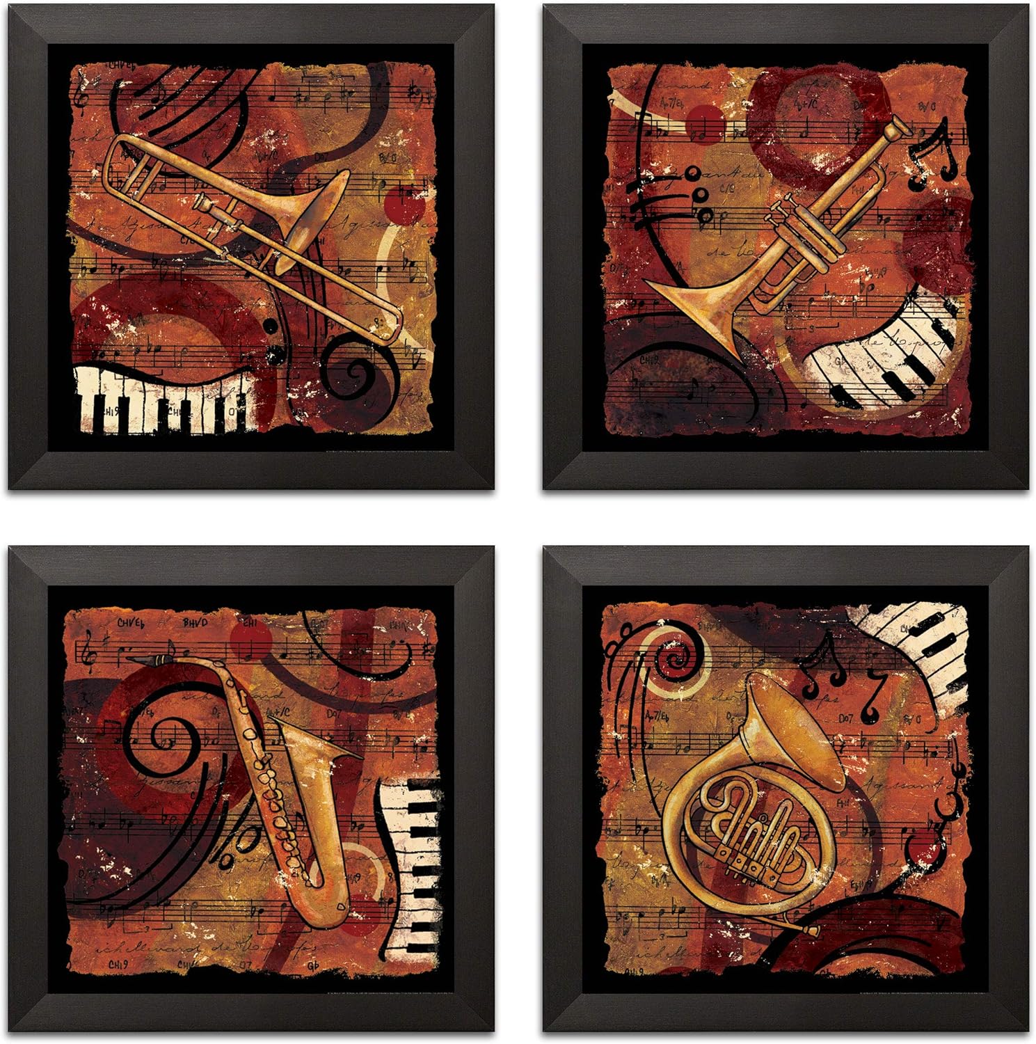 Gango Home Decor Jazz Music I Classic, Retro Trumpet, Sax, Trombone Band, Four 12 by 12-Inch Canvases; Ready to hang!