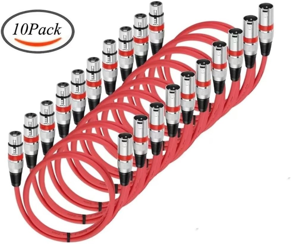 1m, 3 Pin XLR Cable Male to Female M/F Audio Cable Foil + Braided Shield for Microphone Mixer Amplifier Stage Light 10-Pack(Red Set)