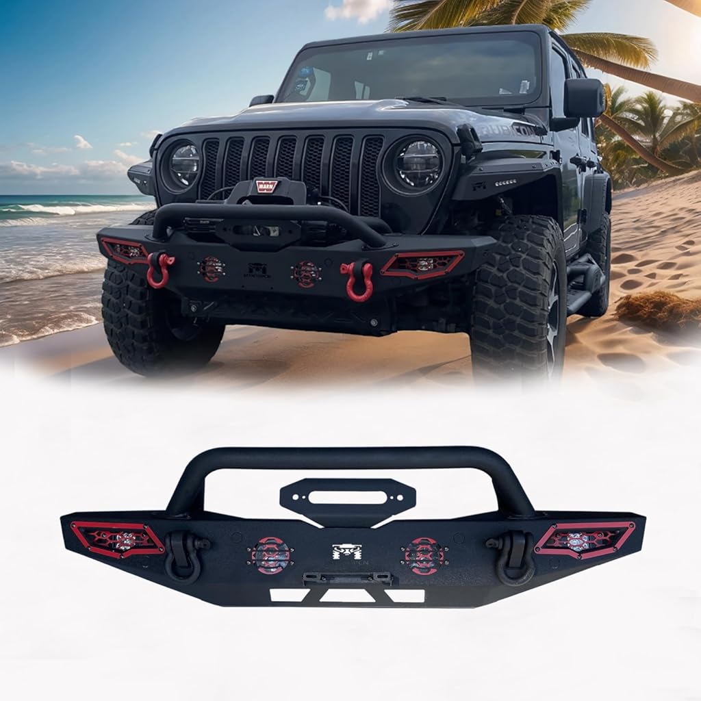 Steel Front Bumper Compatible for Jeep Wrangler 2007-2026 & Gladiator 2020-2026 | Heavy-Duty Winch-Ready with Stinger Bar | Versatile Off-Road OEM Fog Light Brackets & LED