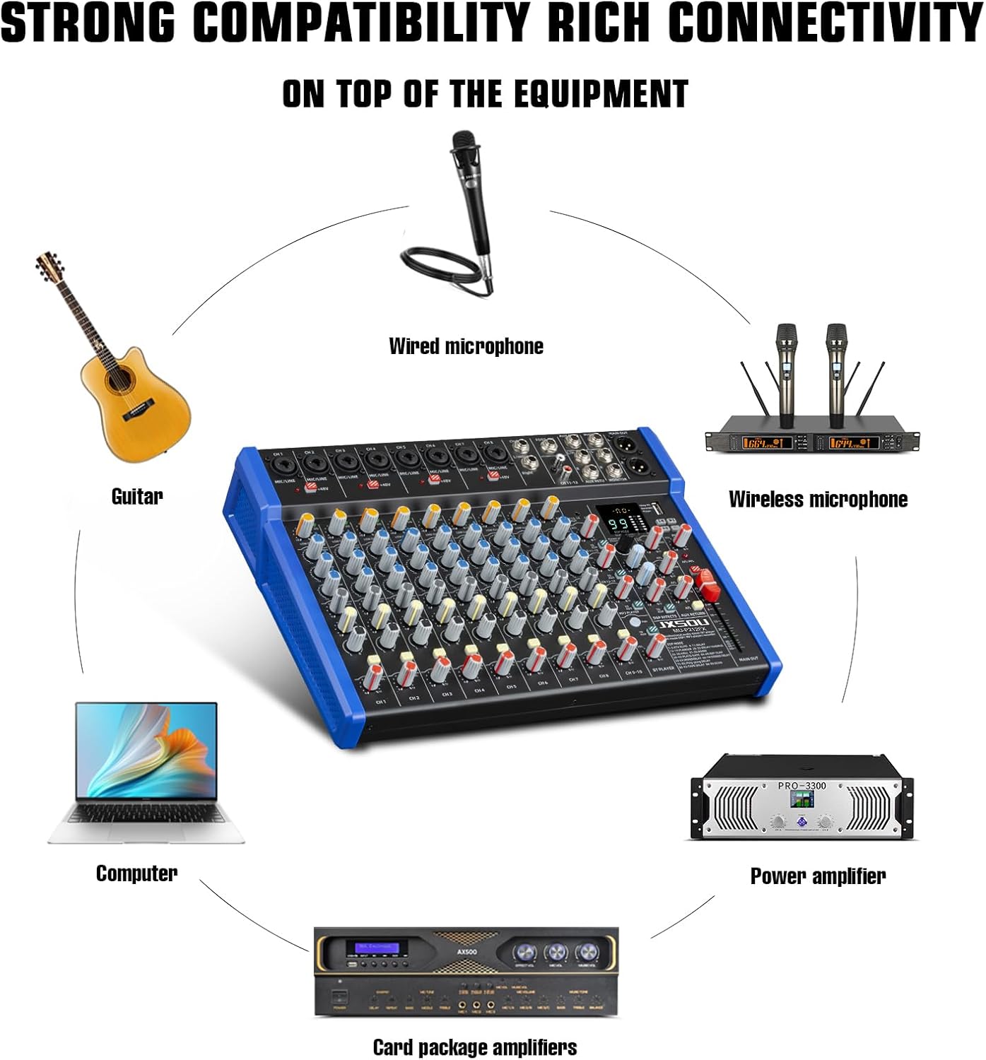 14-Channel Audio Sound Mixer Board, Bluetooth Studio Mixing Console XLR Microphone Jack 99 DSP DJ Mixer Audio Reverb Effect +48V Phantom Mixer For Karaoke Studio Streaming Recording