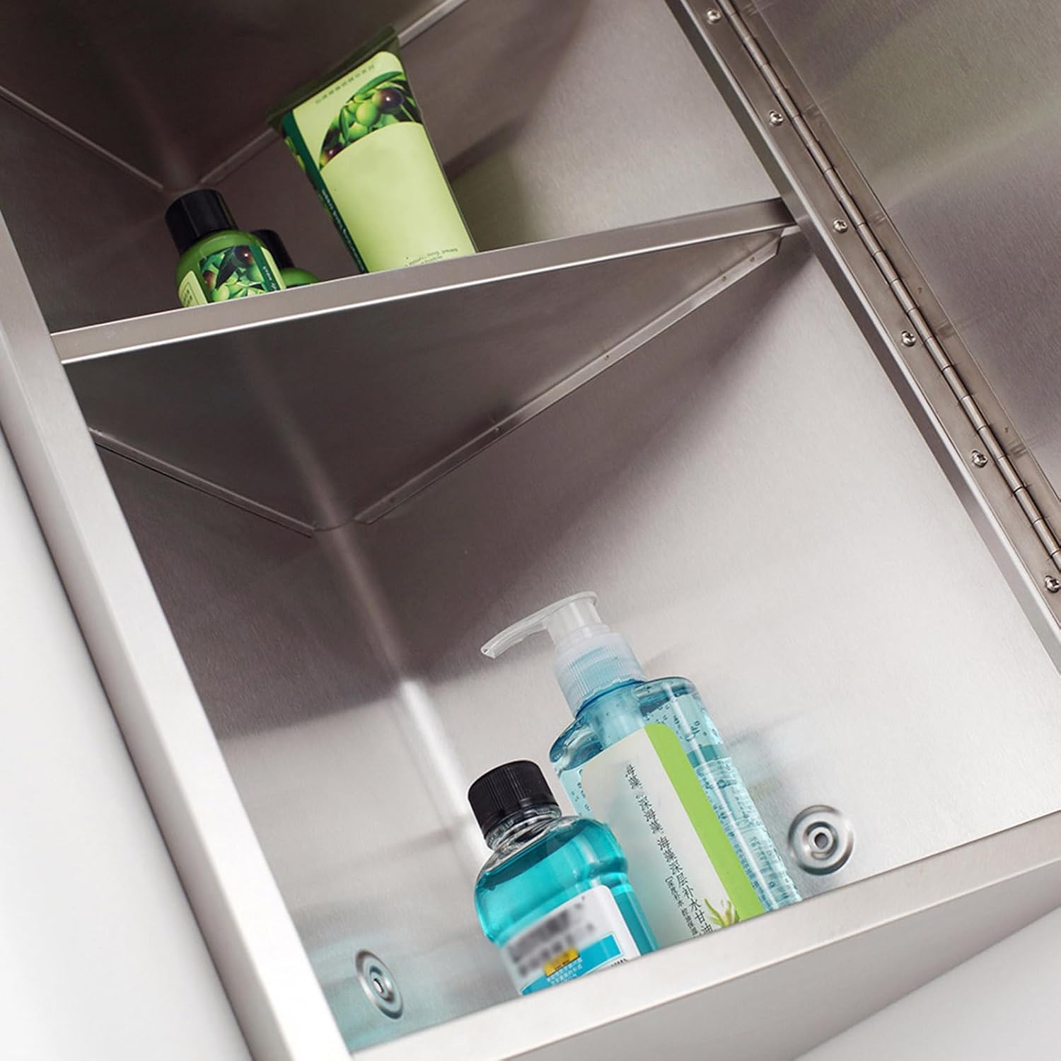 Generic 23.6 Inch Wall Mount Corner Medicine Cabinet with Mirror, Bathroom Wall Cabinet, Polished Stainless Steel, Hanging Triple Shelf Storage Cabinet - Left Open Mirror Door