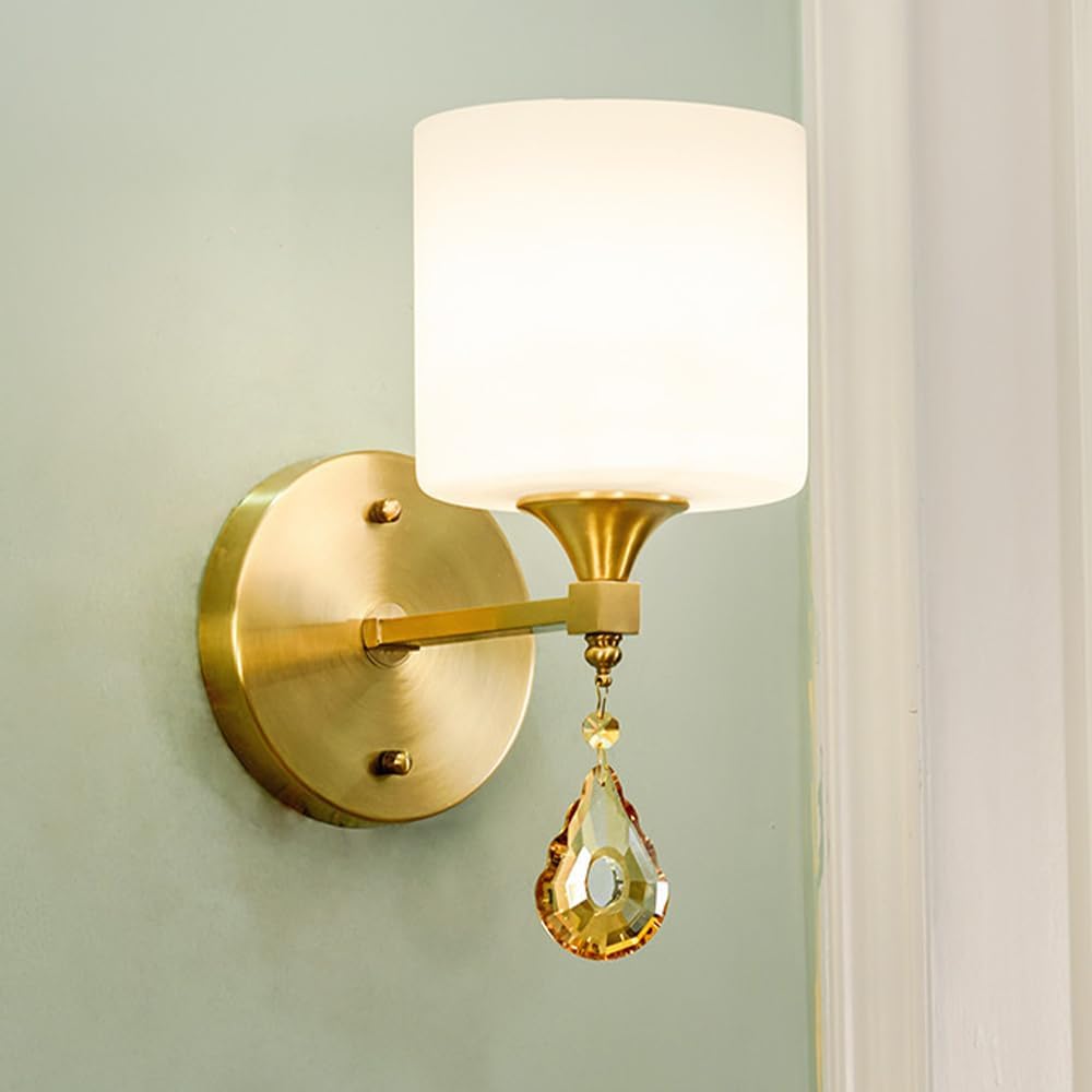 American Style Retro Wall Sconce, Glass Shade Wall Sconce Light with Crystal Pendant, Vintage Brass Indoor Wall Mount Light Fixtures for Living Room Bedroom Hallway Bathroom (Antique)