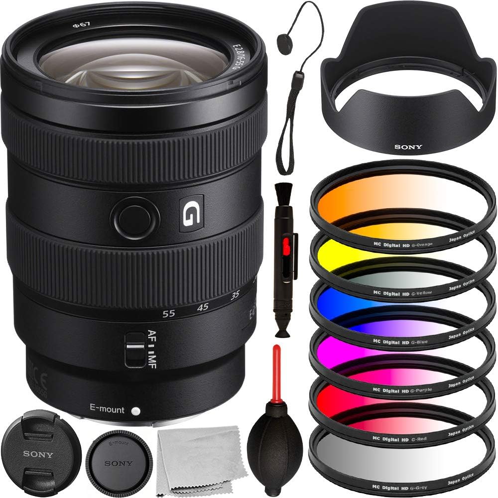 Sony E 16-55mm f2.8 G Lens with 5pc Accessory Bundle: Bundle Includes – 6pc Graduated Color Filter Kit, 3pc Cleaning Kit, and Manufacturer Accessories. (Renewed)