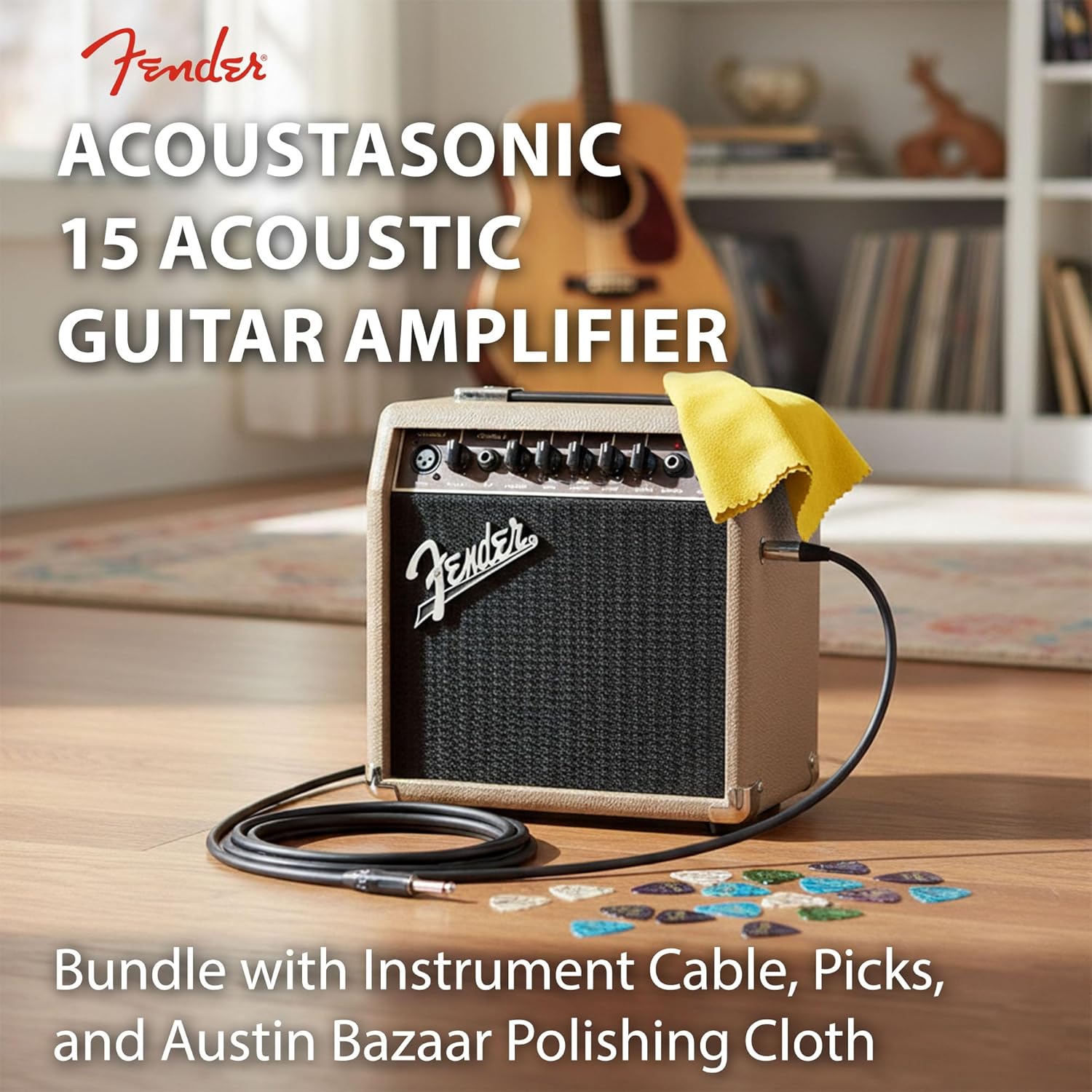 Fender Acoustasonic 15 Acoustic Guitar Amplifier Bundle with Instrument Cable, Picks, and Austin Bazaar Polishing Cloth