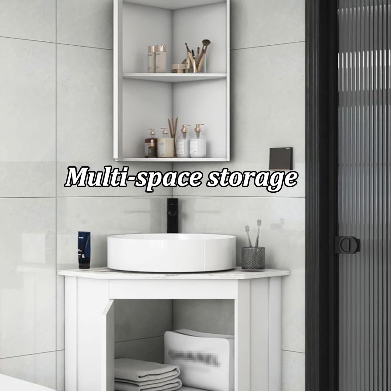 Corner Bathroom Vanity Wall Mount Small Utility Sink with Metals Cabinet Modern Bathroom Vanity Slate Countertop, Deeper Sink for Small Space(43cm)