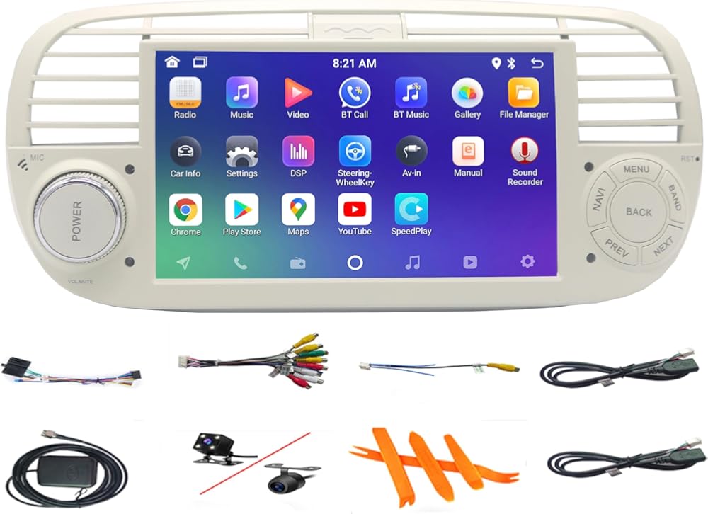 for Fiat 500 Radio 2007-2015 Car Stereo with CarPlay Android Auto GPS Navigation FM 7 Inch IPS Touch Screen Head Unit Built-in DSP Bluetooth Support Backup Camera OBD2 DVR TPMS SWT (White)