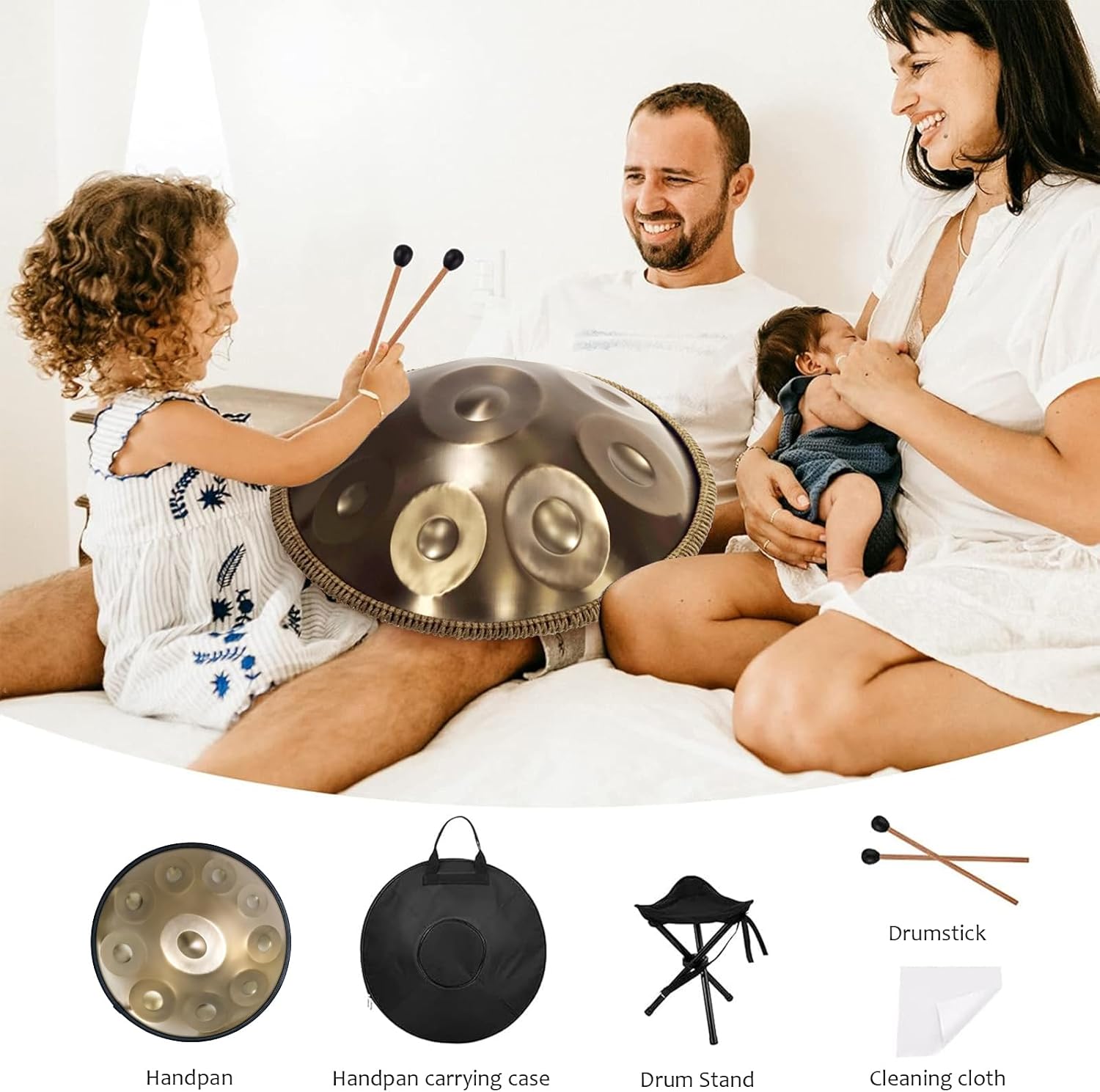 Handpan Drum 22 Inches D Minor Kurd, 432Hz 10 Notes Hand Drum Instrument, Premium Steel Drum, Handpan Instrument for Adults (Gold)