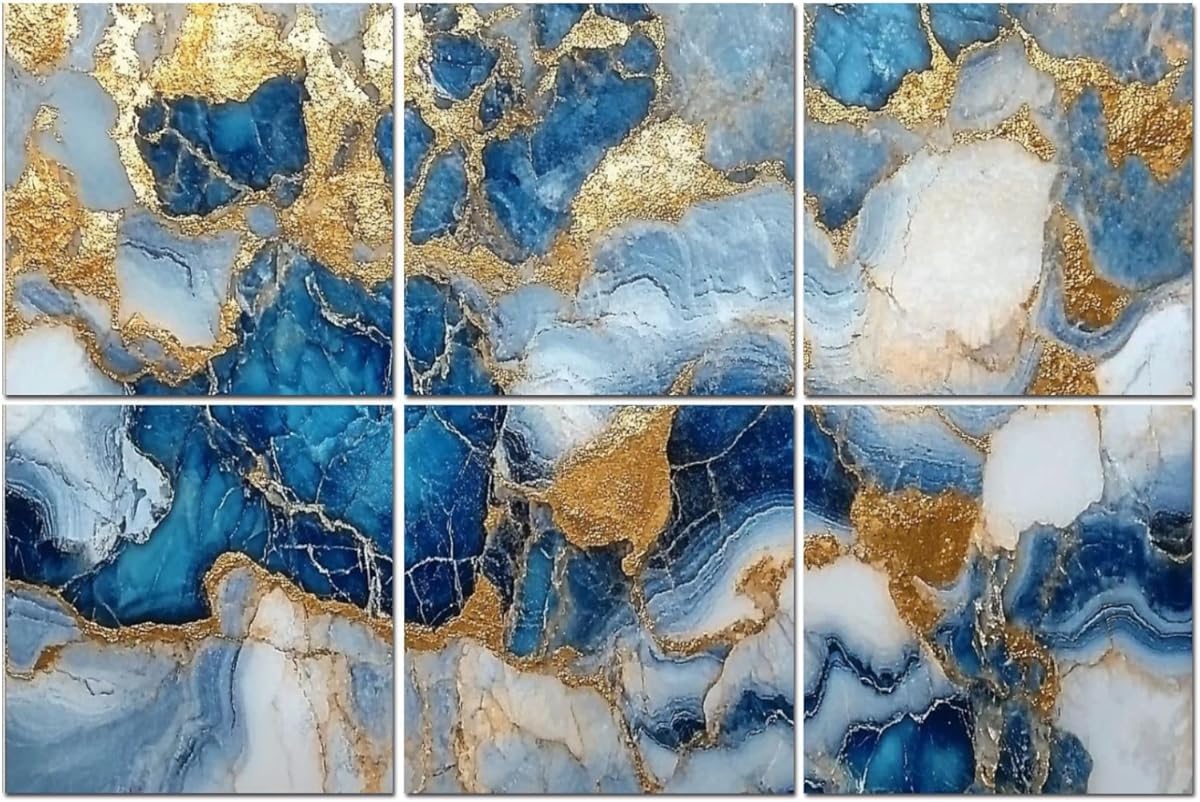 6 Pack Art Acoustic Panels Luxury marble art marbling texture Blue gold Image Soundproof Wall Panels, 48