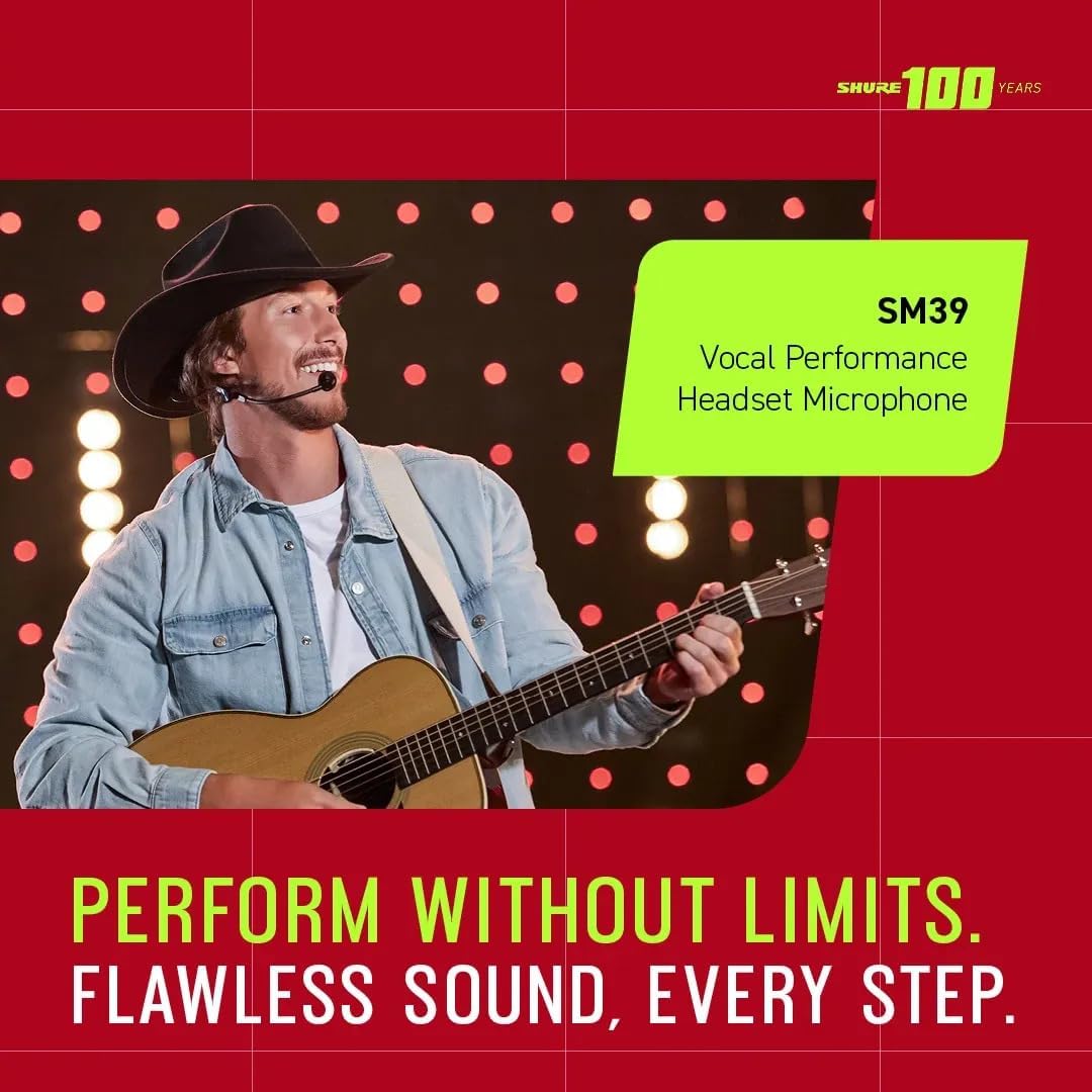 Shure SM39 Headset Microphone - Vocal Performance Cardioid Headworn Mic compatible with Axient Digital, Secure Low Profile Fit, Ergonomic Design, Indoor/Outdoor Windscreens, Sweat Resistant (SM39-LM3)