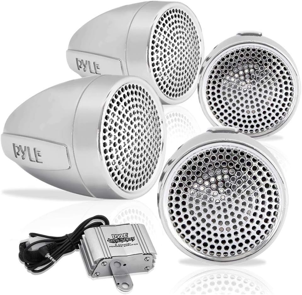 Pyle PLMCA90 1200 Watts Motorcycle/ATV Amplifier with Dual Handle-Bar Mount Weatherproof Speakers, MP3/iPod Input, USB Charger - Set of 4