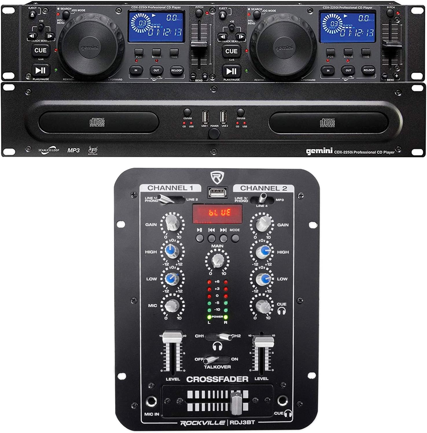 Gemini CDX-2250i Pro DJ Dual Two Deck Rack Mount CD/MP3 Media Player w/USB Bundle with Rockville RDJ3BT 2 Channel DJ Mixer with USB, Bluetooth, Talkover, 4 Line Inputs