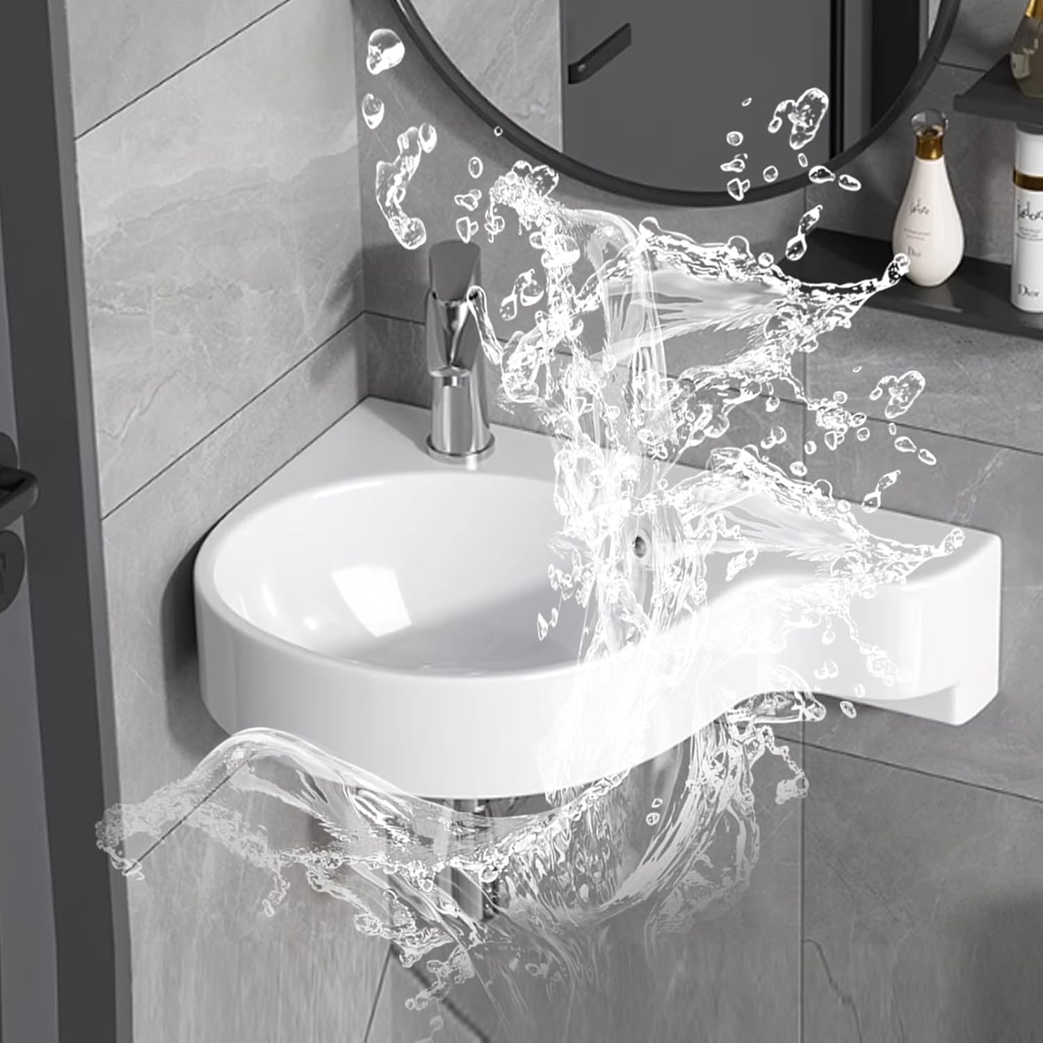 Small Wall Mount Corner Sink, Triangular Ceramic Vessel Sink, L55x38x14cm/21.65x14.96x3.93in, Contemporary Style, Polished Finish, Grid Drain, 0 Holes