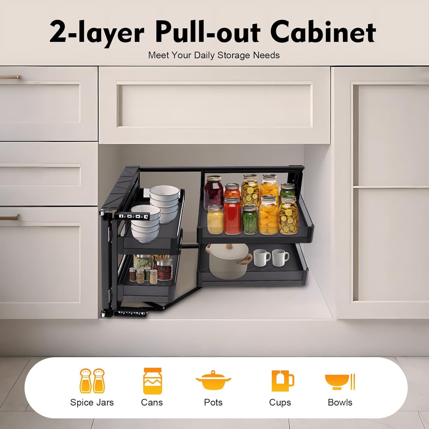 Blind Cabinet, Wall-Mounted Type Blind, Pull Out Organizer, 2-Tier with 4-Shelf, Height Adjustable, for Kitchen, Corner Cabinet Storage