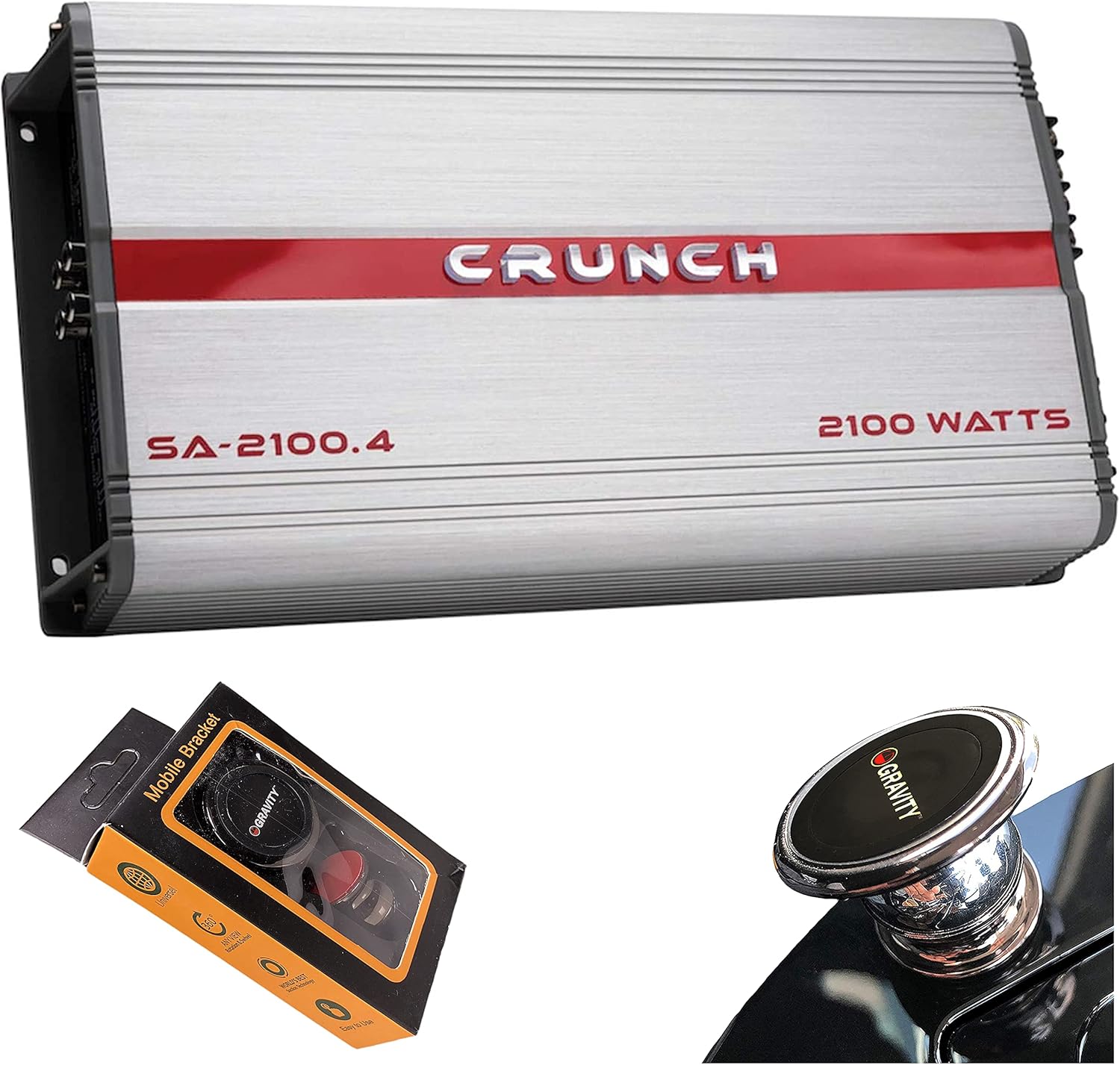 Crunch SA-2100.4 Smash Series 2,100-Watt 4-Channel Class AB Amp Car Audio Sound System Subwoofer Speaker Amp Amplifier with Gravity Magnet Phone Holder Bundle
