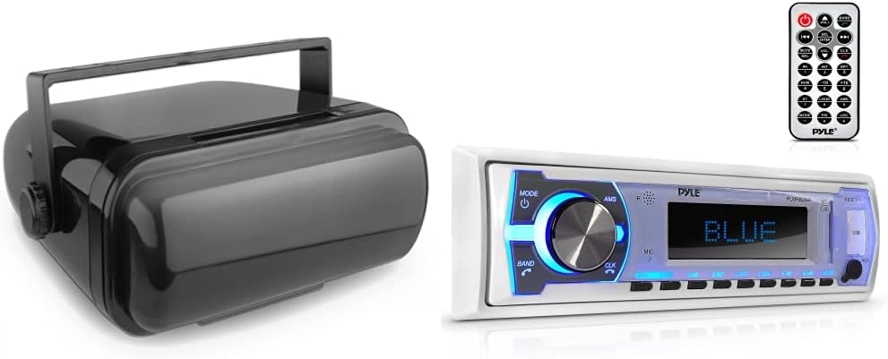 Pyle Durable Universal Marine Stereo Cover - Water Resistant Boat Radio Protector Shield with Flip-Up Door & Neoprene Gasket - Compatible with Dual Shaft & DIN Style Stereos - Pyle PLMRCB3 , Black and Pyle Marine Bluetooth Stereo Radio - 12v Single D