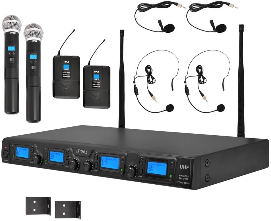 Pyle Upgraded Wireless Microphone System - 4-Channel, Includes (2) Handheld Mics, (2) Beltpack, (2) Lavalier Mics & (2) Headset Mics-PDWM4350U.5