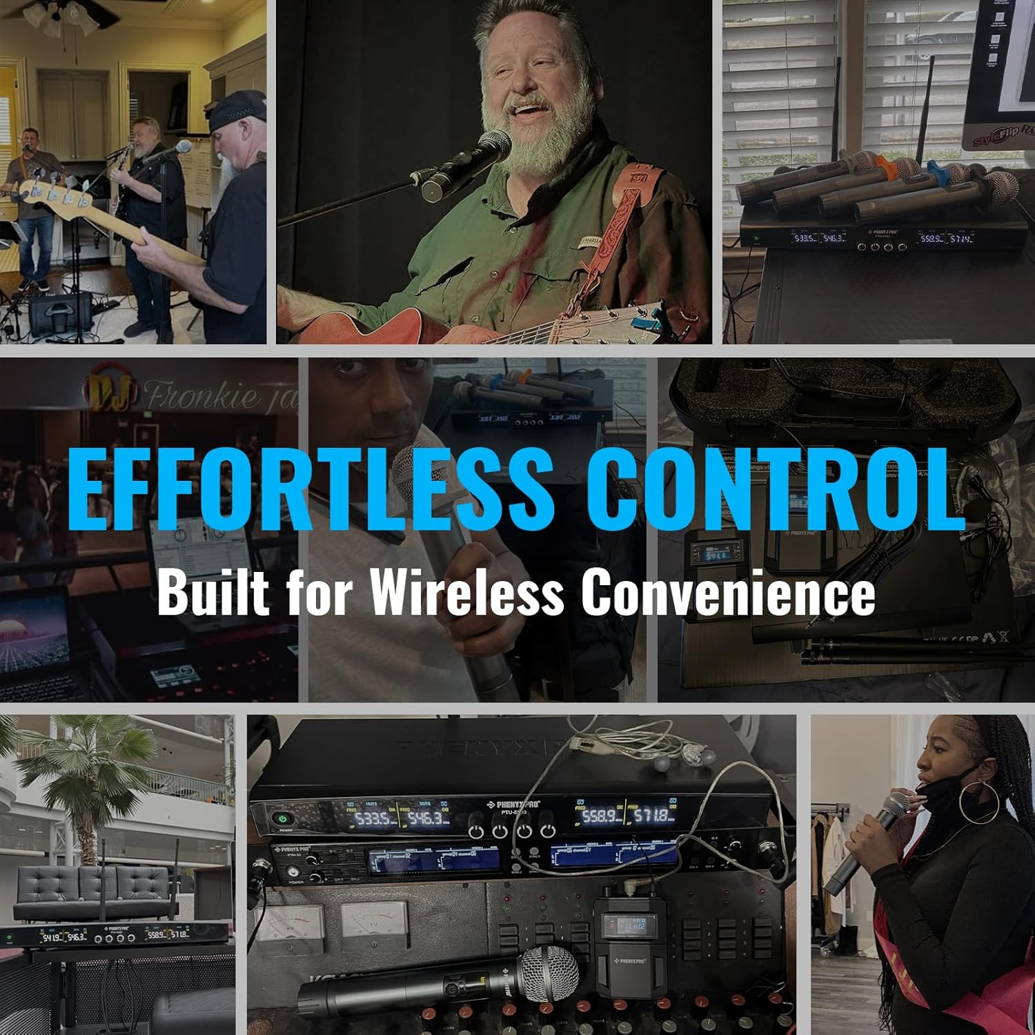 Phenyx Pro Wireless Microphone System, Metal Wireless Mic Set with 4 Cordless Mics, 4x25 UHF Adjustable Frequencies, 200ft Range, Dynamic Microphones for Singing, Karaoke, Church, DJ (PTU-5200-4H)