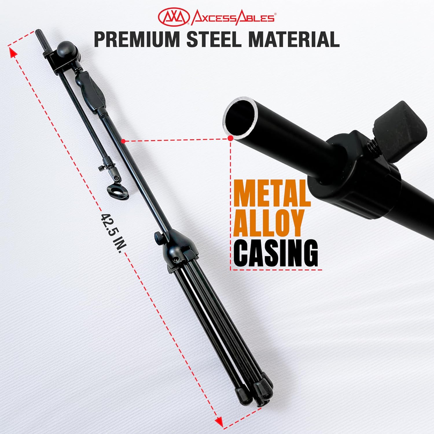 AxcessAbles AXCMS-201TB One Hand Microphone Stand with Tripod Base and Quick Grip Height Adjustment - Telescoping Mic Boom Arm Included. Tall Microphone Stand for Singing 2-Pack