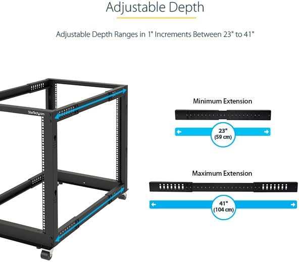 StarTech.com 4-Post 25U Mobile Open Frame Server Rack, 19in Network Rack with Wheels, Rolling Rack for Computer/AV/Data/IT Equipment - Casters, Leveling Feet or Floor Mounting (4POSTRACK25U)