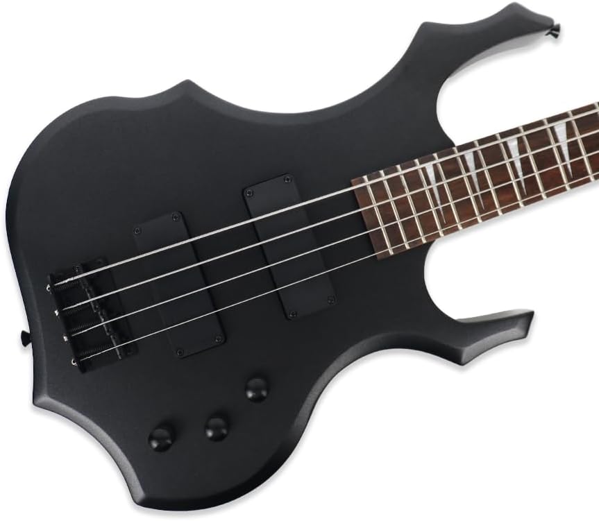 Fojill Cool Shape Full Size Electric Bass Guitar 10W Battery Power Bluetooth Amplifier Amp Beginner Starter Kit Set Combo Bundle Accessory Gig Bag,Picks,Capo,Noiselss Cable,Strings (Metallic Black)