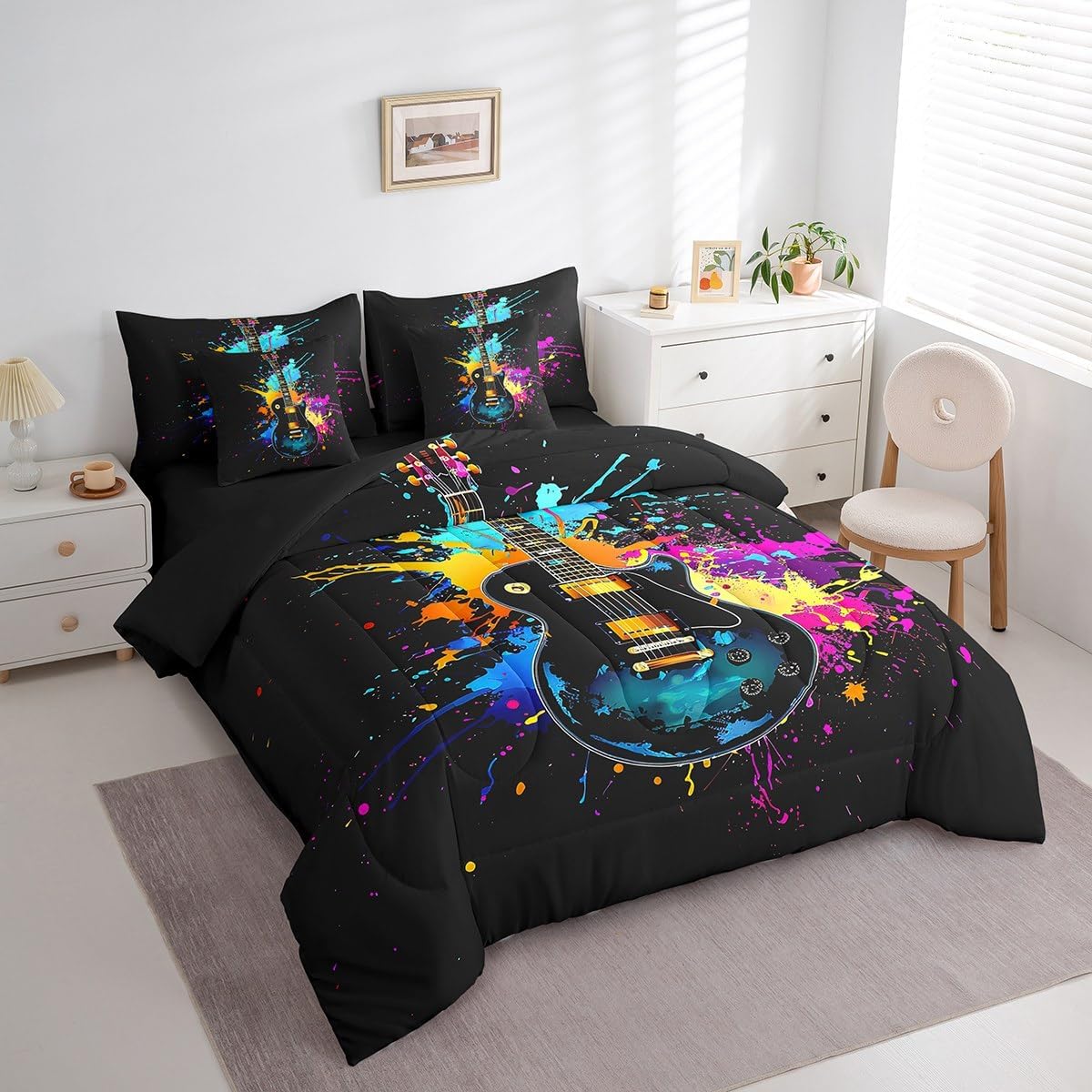 Feelyou Rock Music Bass Comforter Set 7 Piece Queen Size Kids Boys Girls Bedding Queen Comforter Set Guitar Bedding Set Soft Microfiber Bed Set with Sheets Pillowcase and Pillow Covers