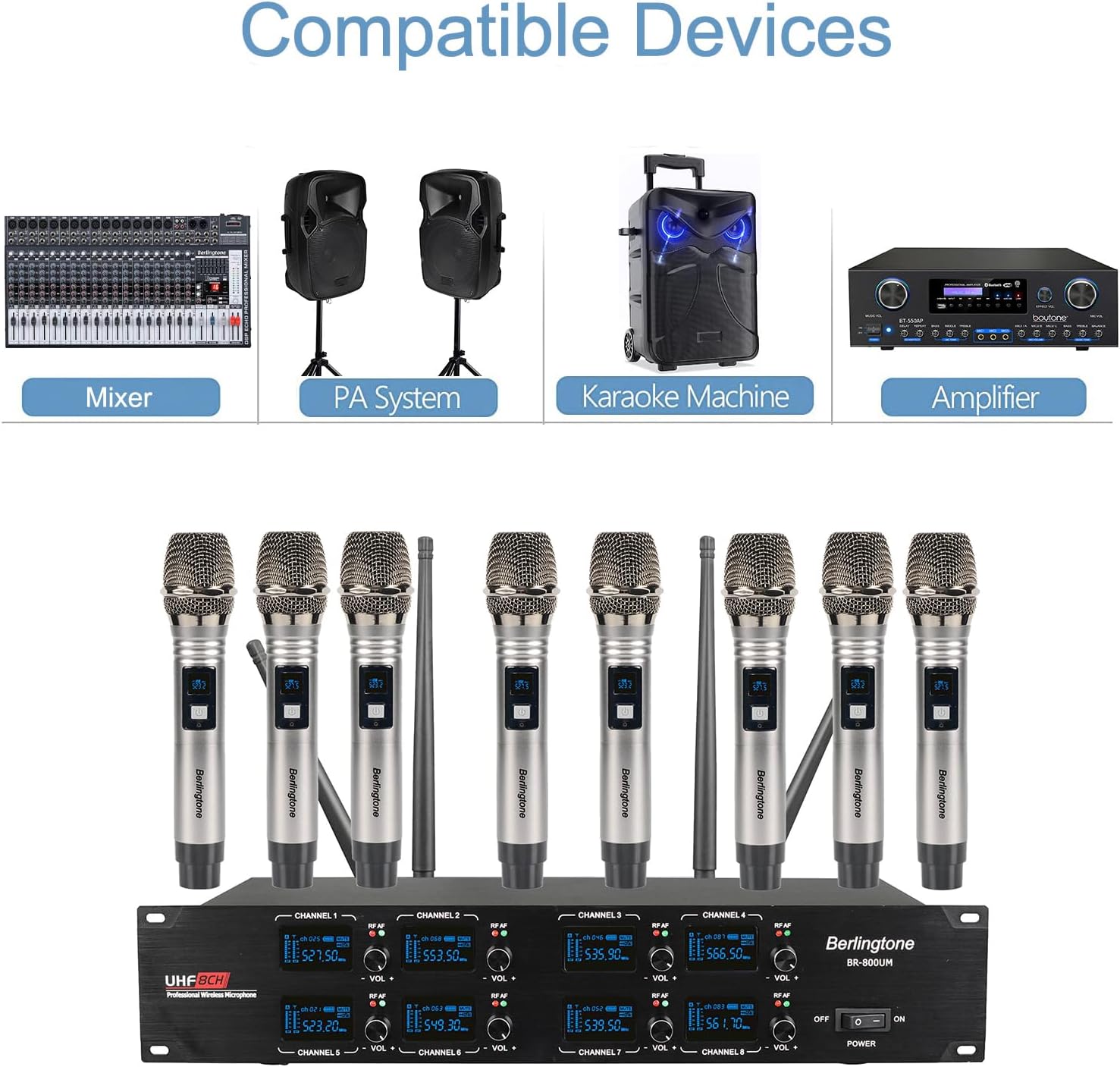 Berlingtone) 8-Channel UHF Wireless Microphone System Cordless Mic with Metal Handheld, Fixed Frequency Channel, Dynamic Microphone for Karaoke, Church, Singing, DJ, 262ft Range (BR-800UM)