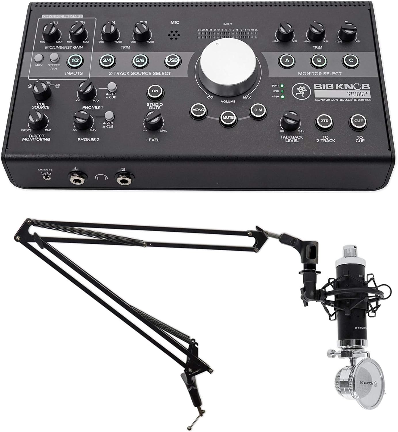 Audiosavings Bundle: Mackie Big Knob Studio Monitor Controller Bundle With Rockville RCM03 Pro Studio Recording Microphone Mic & Rockville DMS40 Microphone Boom Arm Studio Podcast Mic Stand (3 Items)