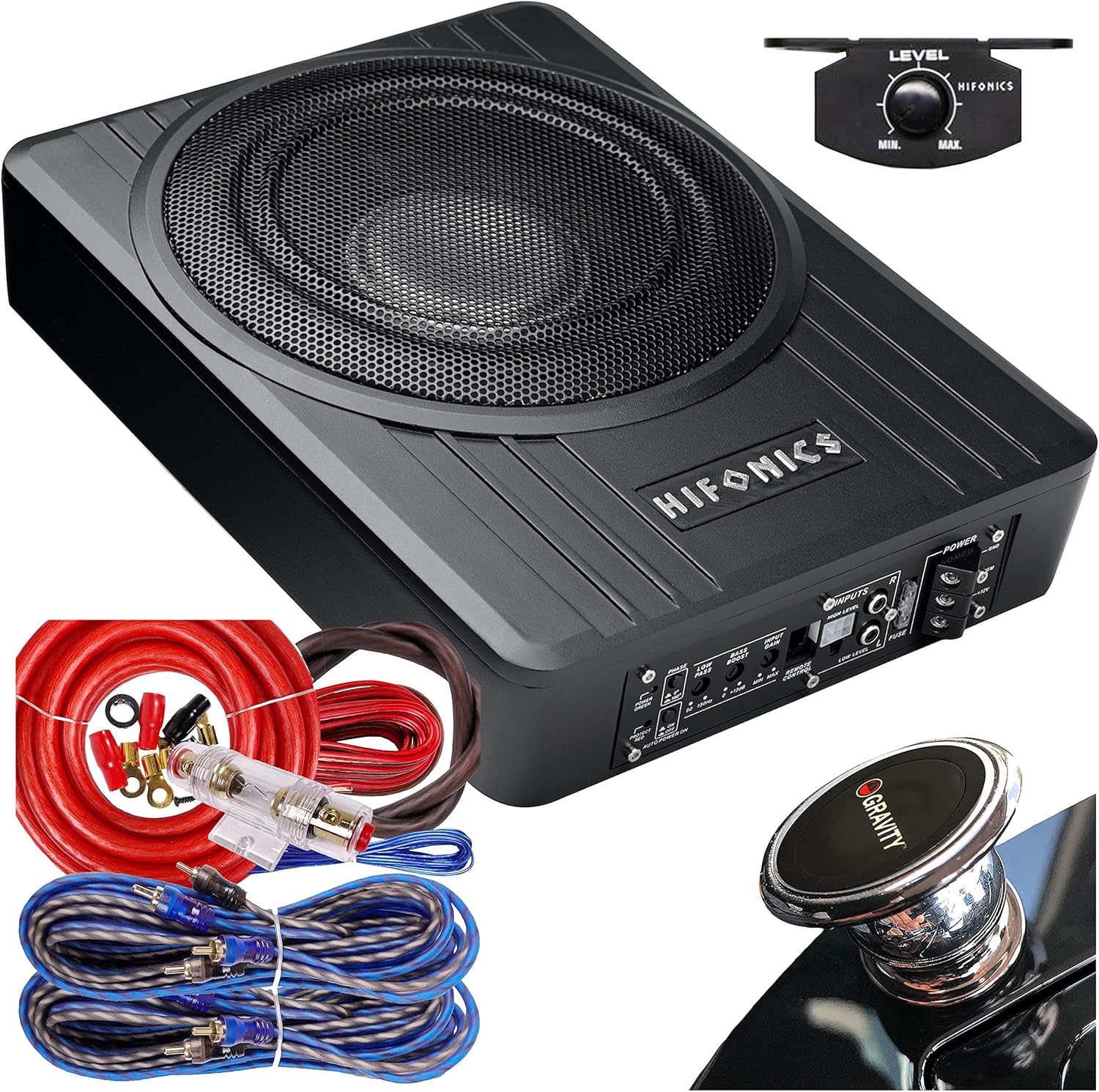 Hifonics Brutus BW-110A - 800 Watts Compact Amplified Under The Seat Car Truck Subwoofer Low Profile with Bass Remote and 4 Gauge Red Kit and Gravity Magnet Phone Holder Bundle, Black, (BW-110A+4GR)