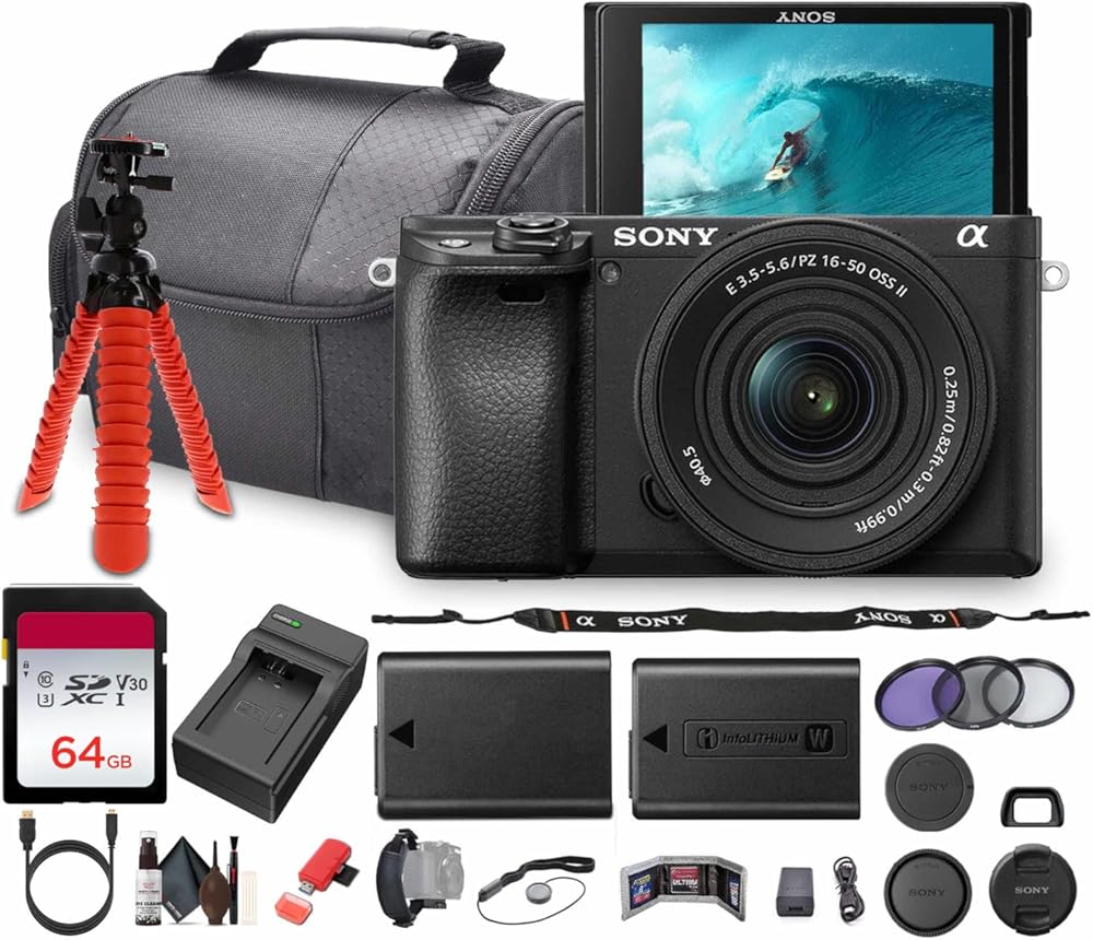 Sony a6100 Mirrorless Camera with 16-50mm f/3.5-5.6 II Lens (ILCE6100KB) + 64GB Memory Card + NP-FW50 Battery + Camera Bag + Charger + Flexible Tripod + Cleaning Kit + HDMI/Micro Cable + More