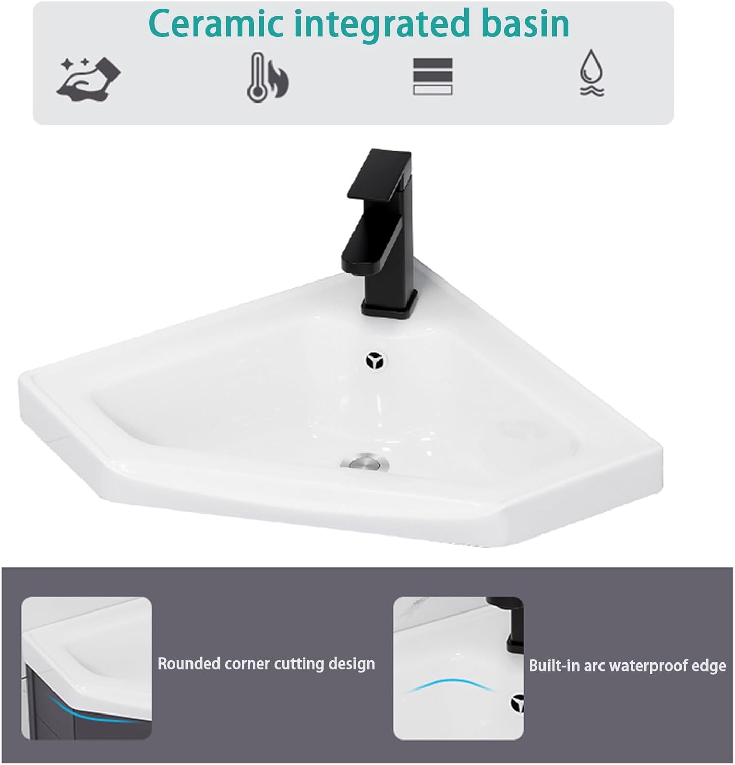 Corner Bathroom Sink, Triangle Wall Mount Corner Bathroom Vanity, Ceramic Wash Basin with Storage Container, Bathroom Sink Cabinets for Small Spaces(48cm/18.8in)