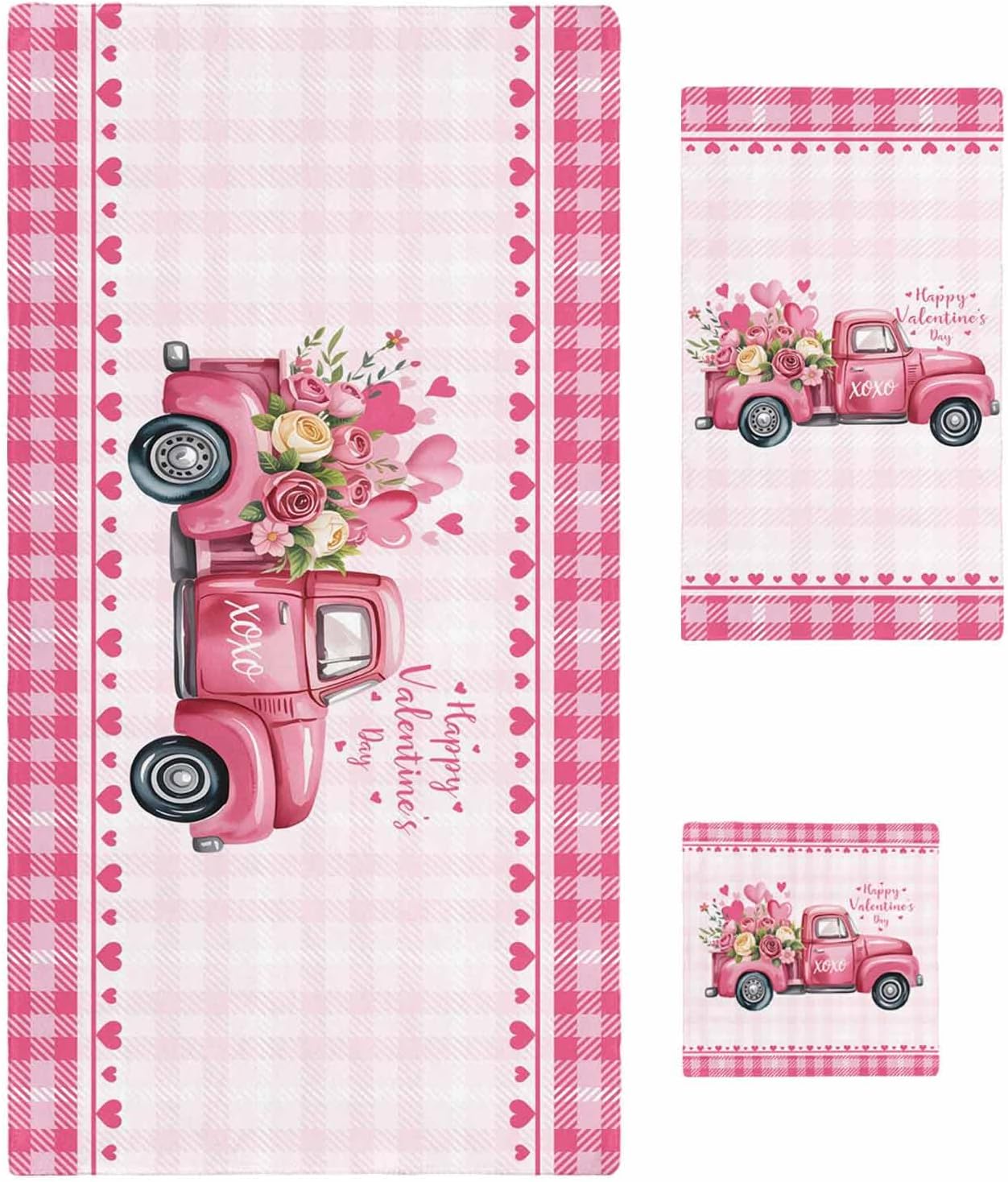 Valentine's Day Bath Towels Set of 3 for Bathroom,Soft Absorbent Shower Beach Hand Face Hair Yoga Workout Gym Towel Dish Wahcloth,Pink Love Hearts Car Romantic Checked Quick Dry Bath Towels+Set