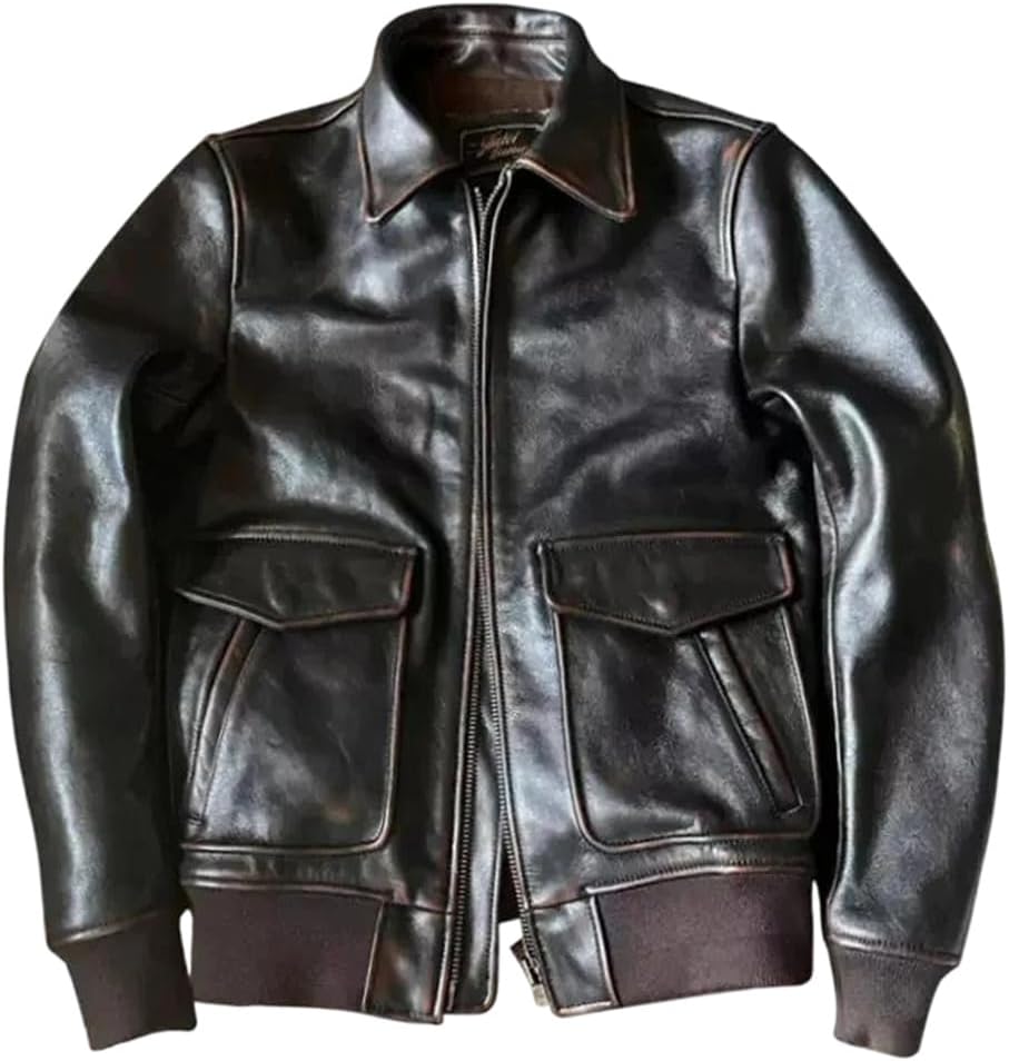Men Vintage Genuine Natural Cowhide Thick Warm Flight Black Winter Pilot Leather Jacket Coat