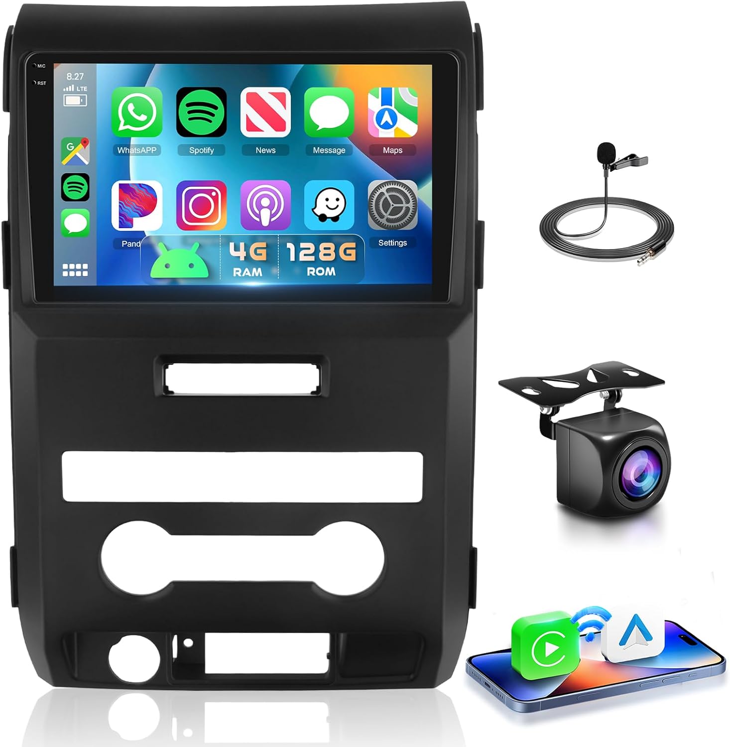 4G+128G Car Radio for Ford F150 2008-2014 Stereo 9 inch in-Cell Screen Full Touchscreen Wireless CarPlay/Android Auto Android 15 Bluetooth DSP FM/RDS GPS WiFi SWC AHD Backup Camera