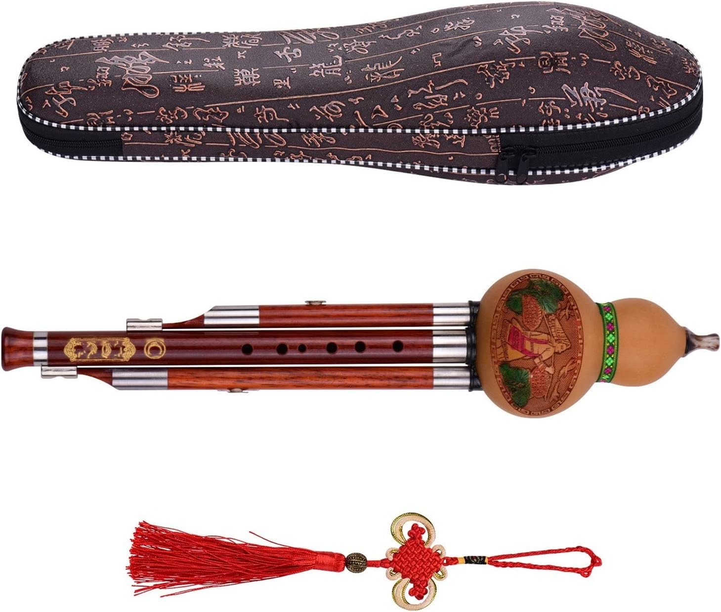 FLFL Hulusi 3 Tone C-Key Hulusi Cucurbit Flute Solid Wood Pipes with Carry Case