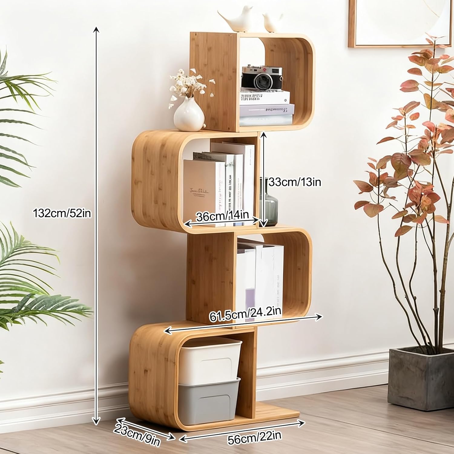 Open Bookshelf Modern Storage Organizer Space-Saving Wooden Book Shelf, Rustic Vintage Bookcase for Living Room Office Library(132cm/52in)